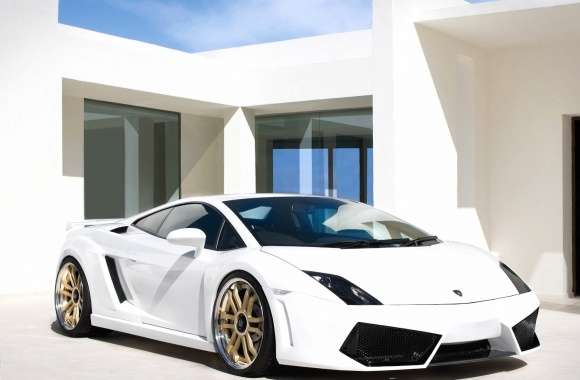 White Lamborghini Gallardo in front of a mansion