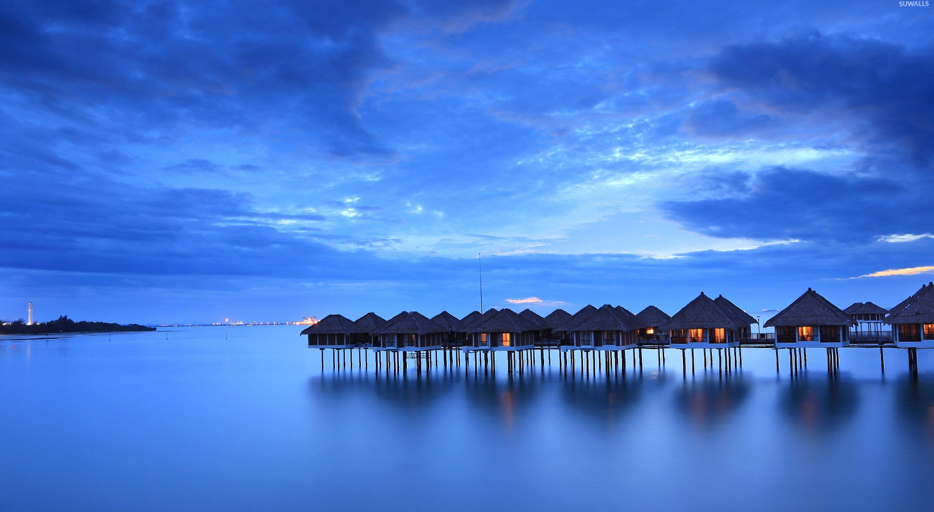 Bungalows in the blue sunset wallpapers HD quality