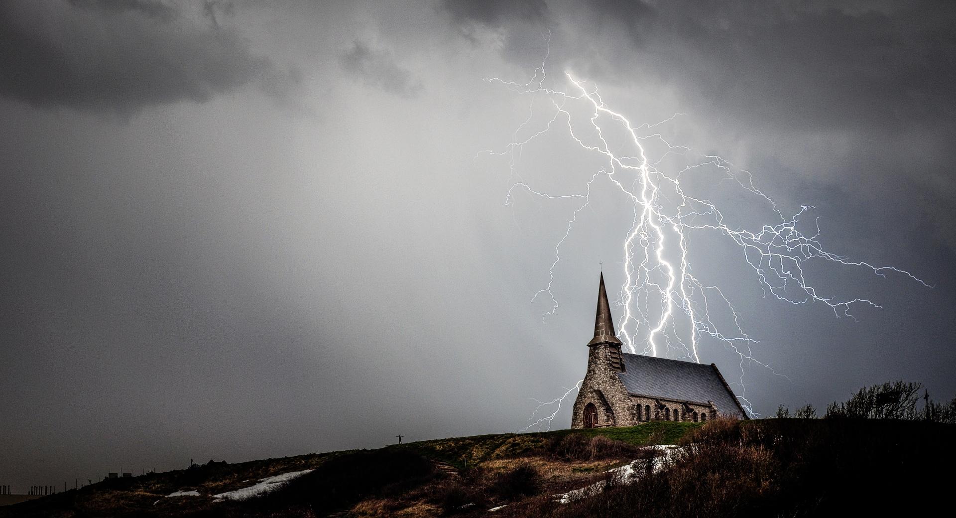 Church Night Storm Lightning at 1024 x 1024 iPad size wallpapers HD quality