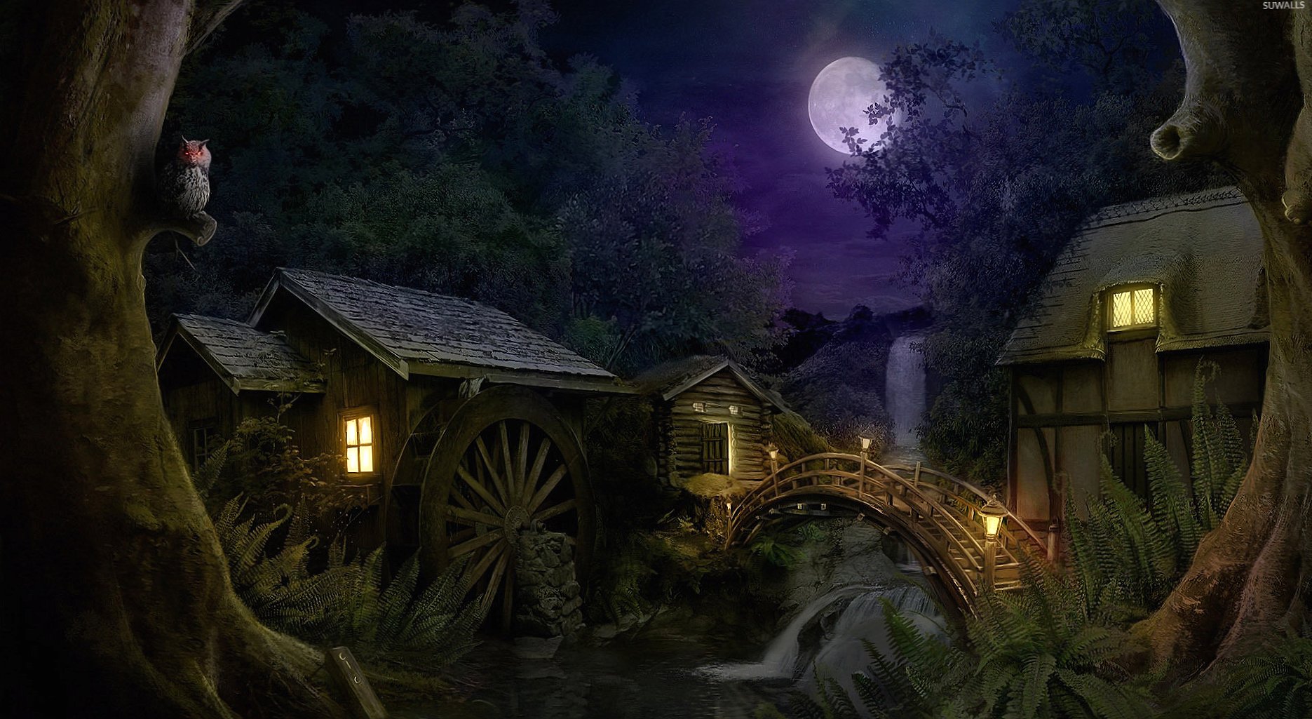 Hidden mill in the forest at night at 640 x 960 iPhone 4 size wallpapers HD quality