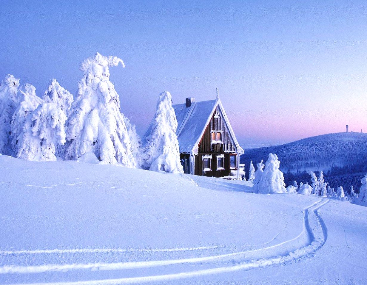 Snow mountain house at 2048 x 2048 iPad size wallpapers HD quality