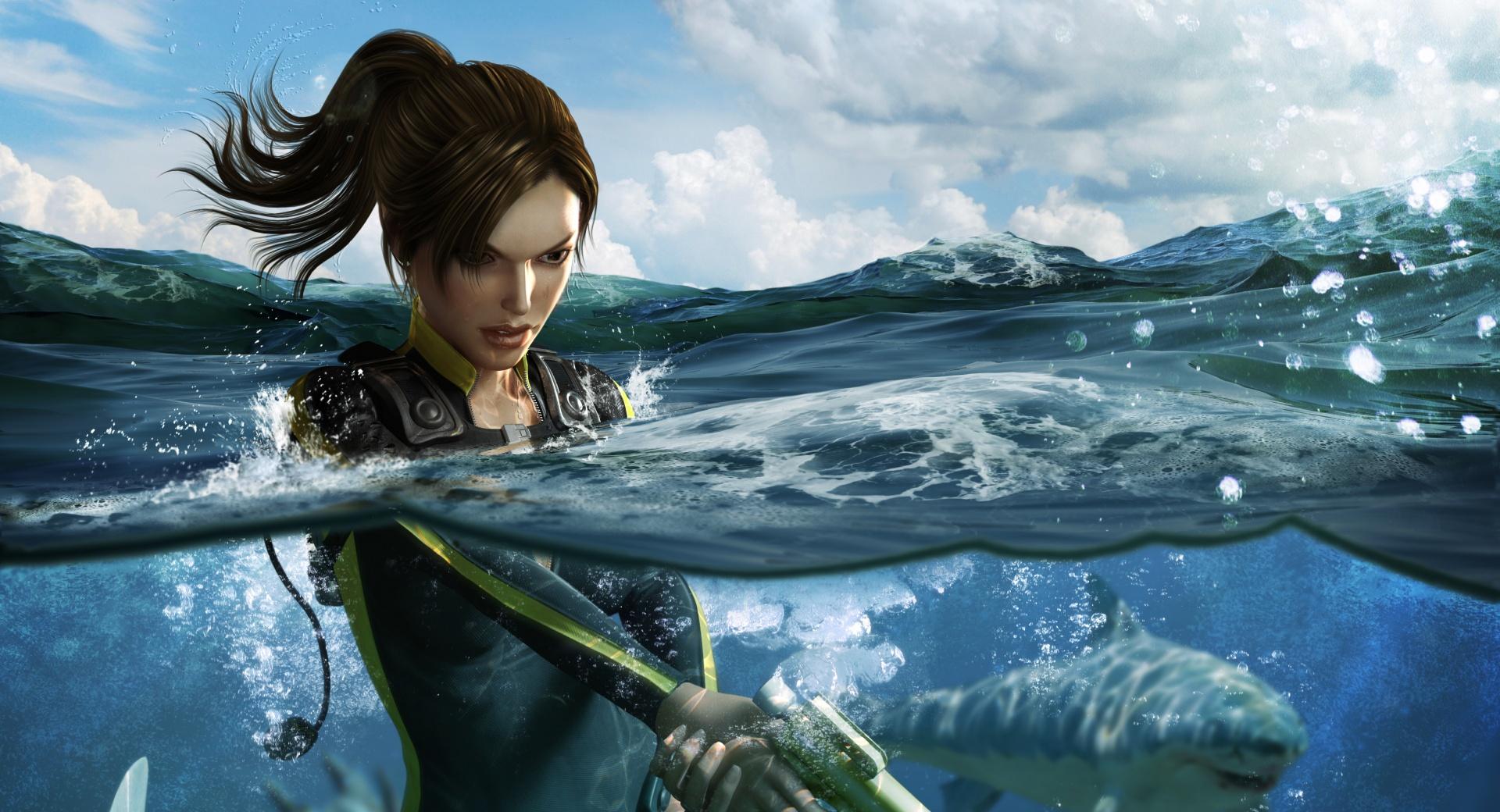 Tomb Raider Underworld Shark Attack at 2048 x 2048 iPad size wallpapers HD quality