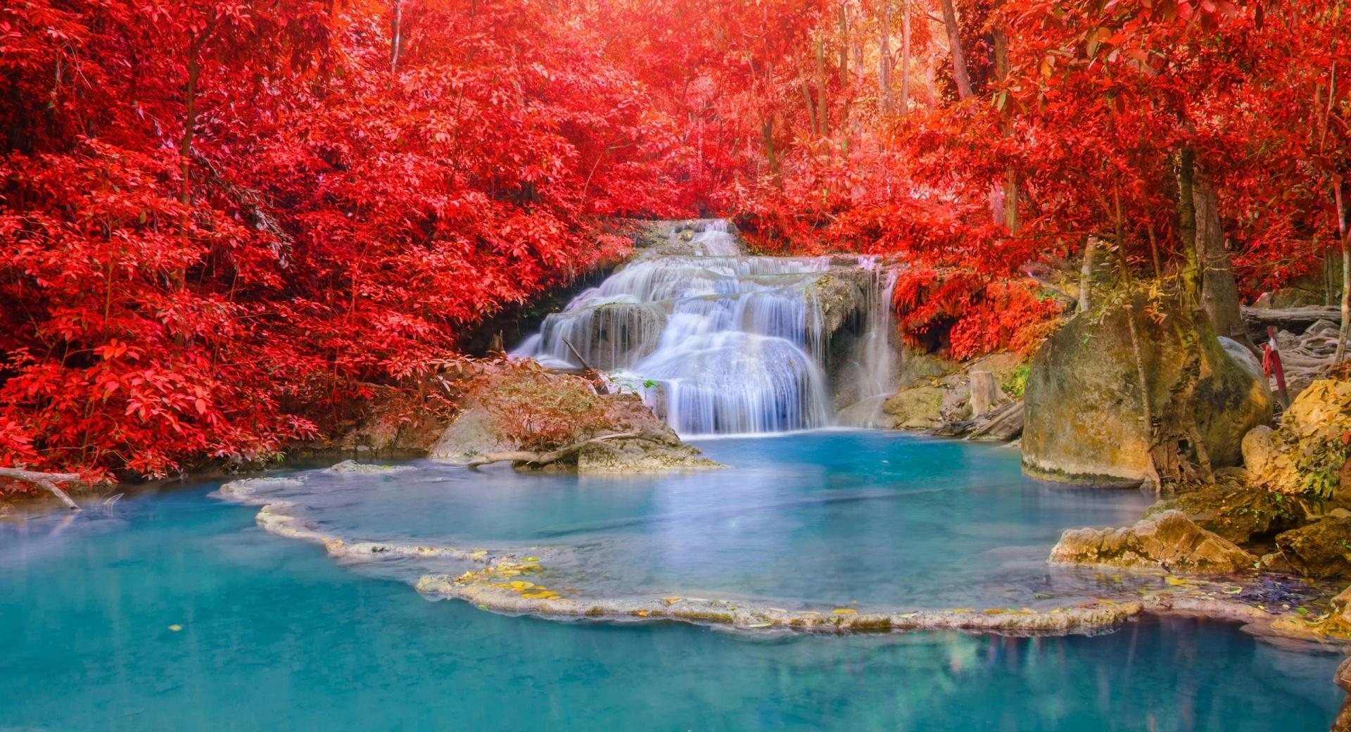 Red Forest, Waterfall, Turquoise Lake at 640 x 960 iPhone 4 size wallpapers HD quality