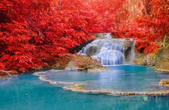 Red Forest, Waterfall, Turquoise Lake wallpapers hd quality