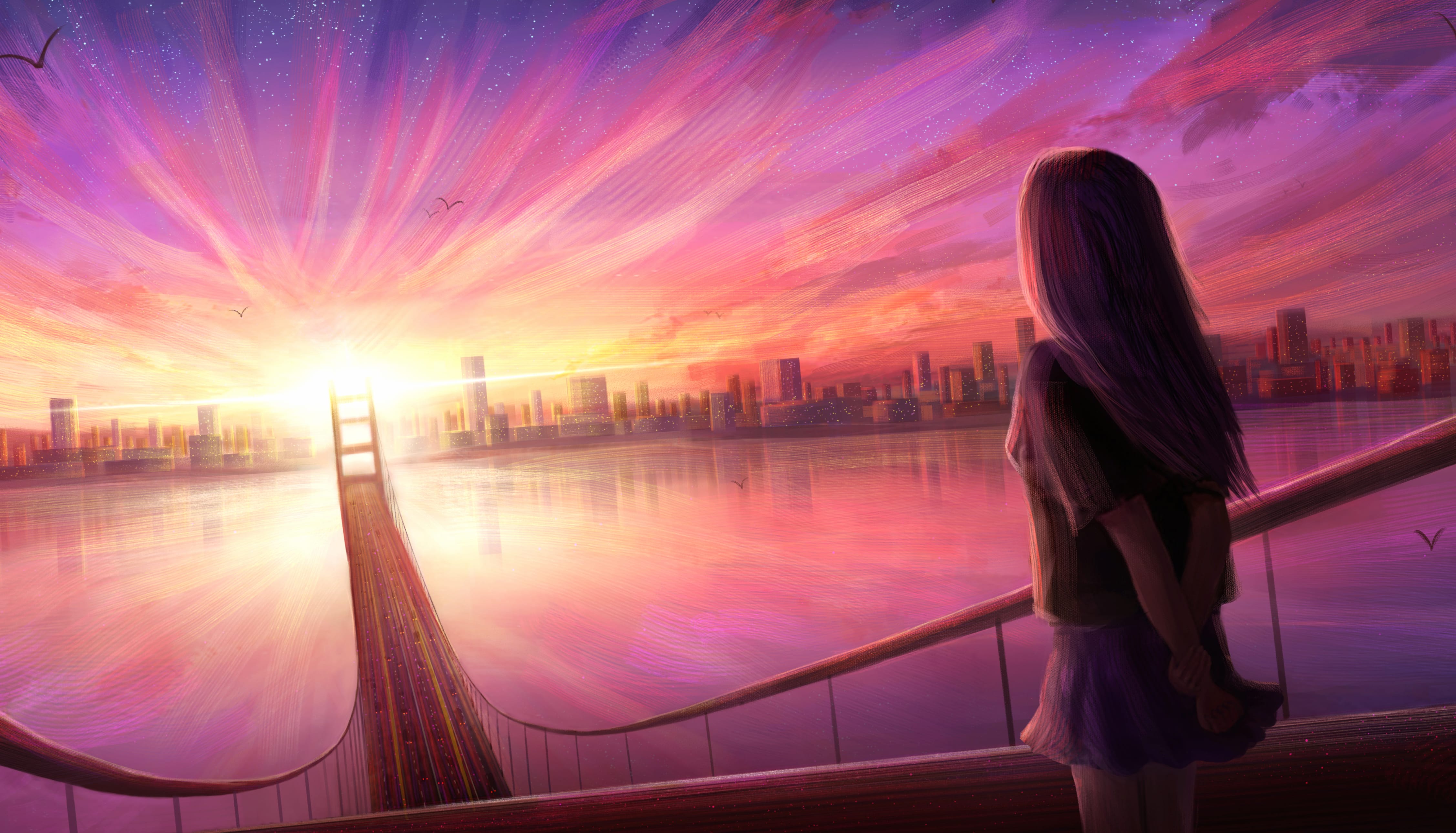 4K Anime Sunset Over The Bridge wallpapers HD quality