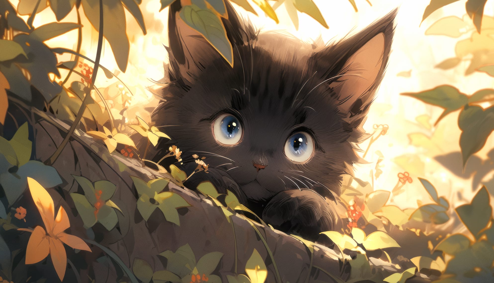 Adorable Black Cat in Autumn Leaves wallpapers HD quality