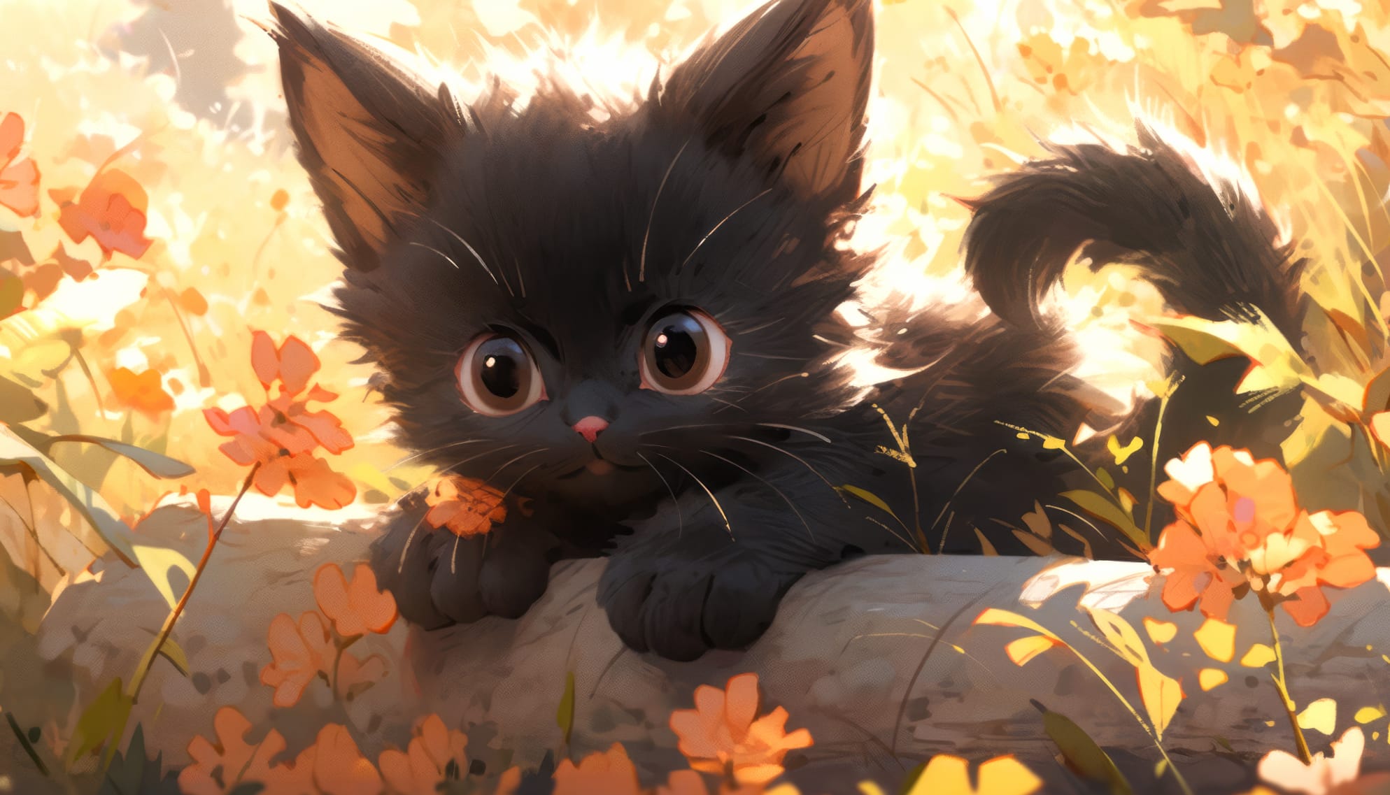 Adorable Black Kitten - Floral Backdrop at 1024 x 1024 iPad size wallpapers HD quality