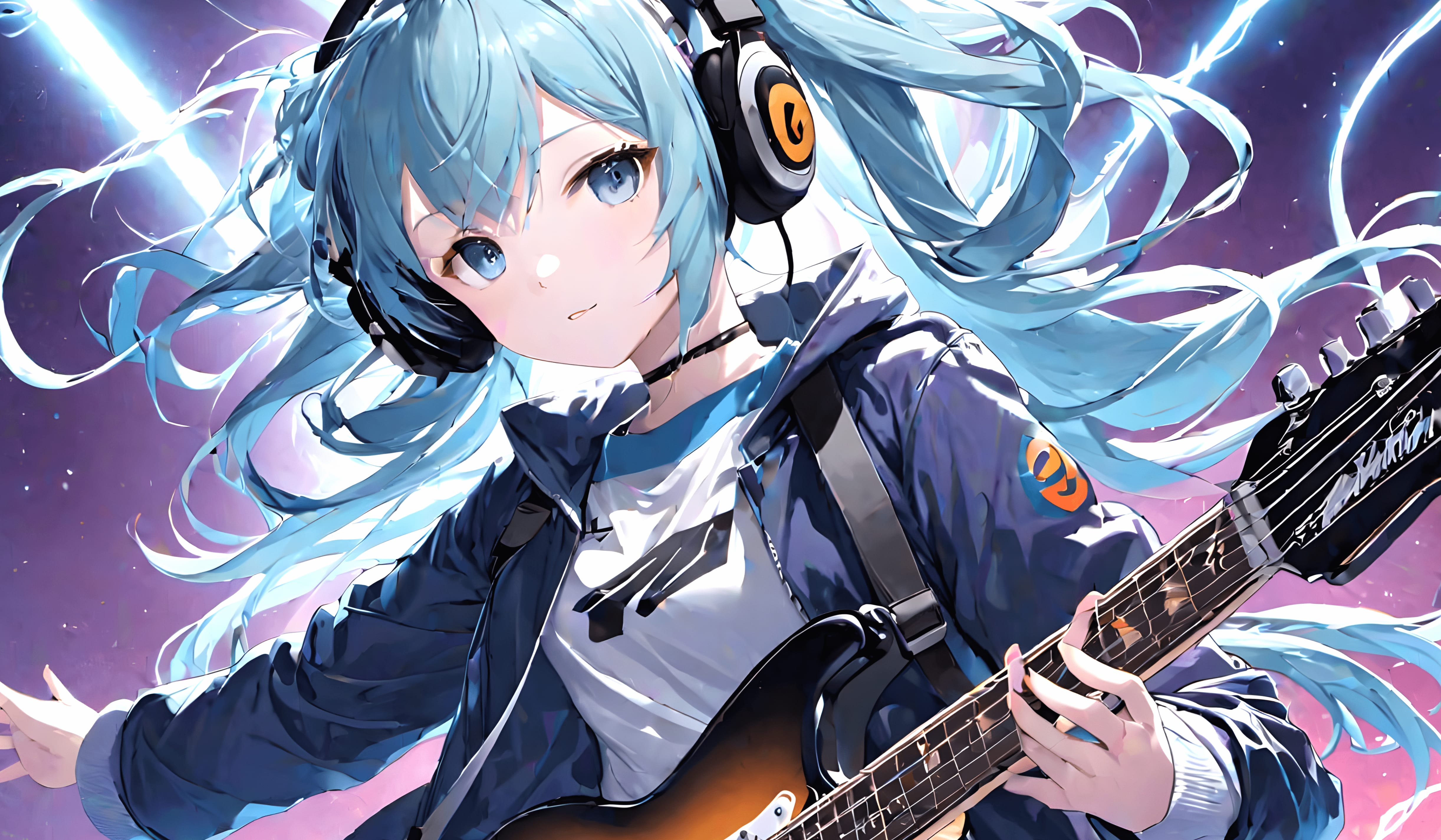 AI Art Anime Girl Guitar Music Headphones Anime Girl at 2560 x 1440 HD size wallpapers HD quality