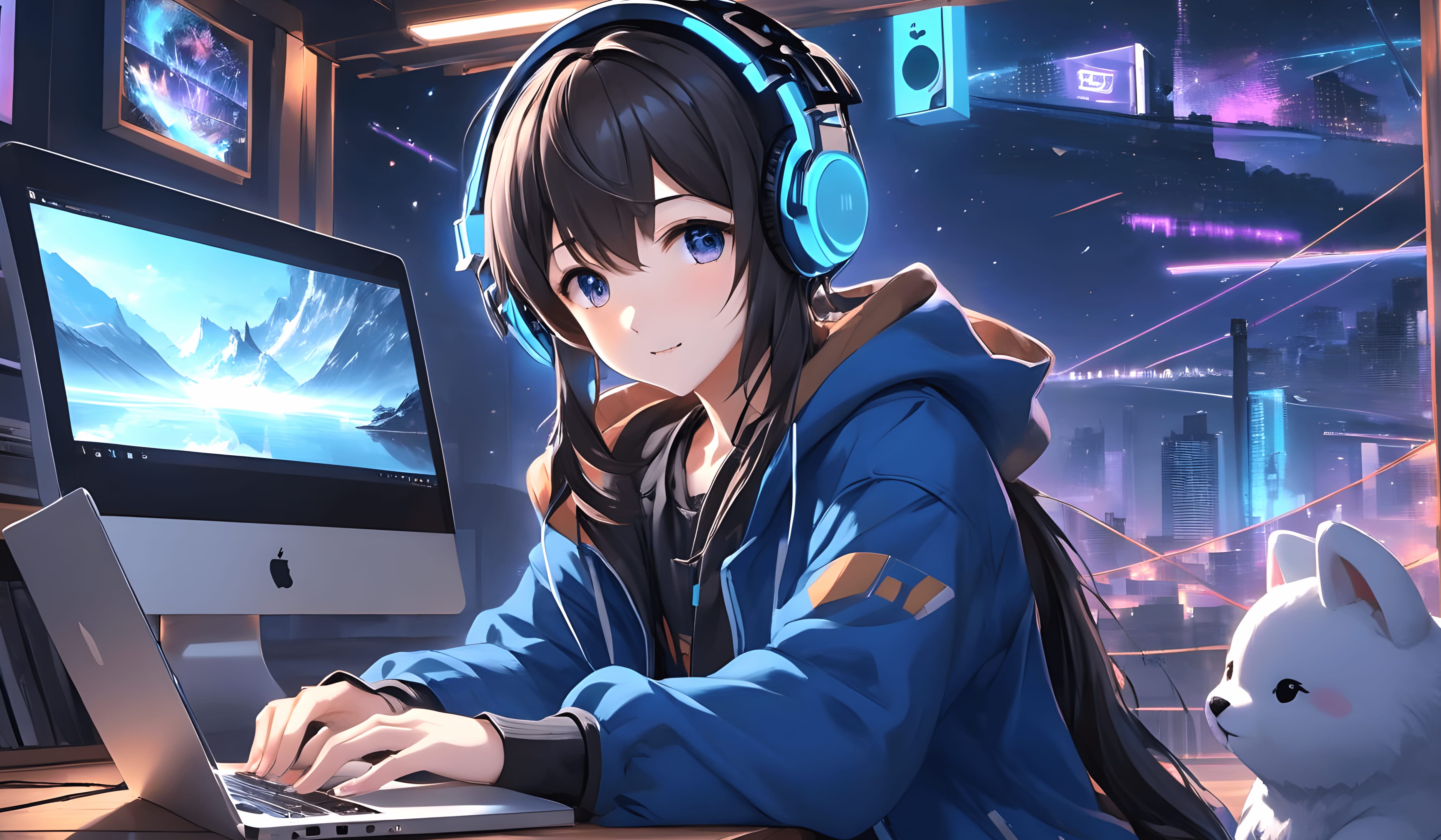 AI Art Anime Girl Headphones Night City Dog Anime Girl at 1152 x 864 size wallpapers HD quality