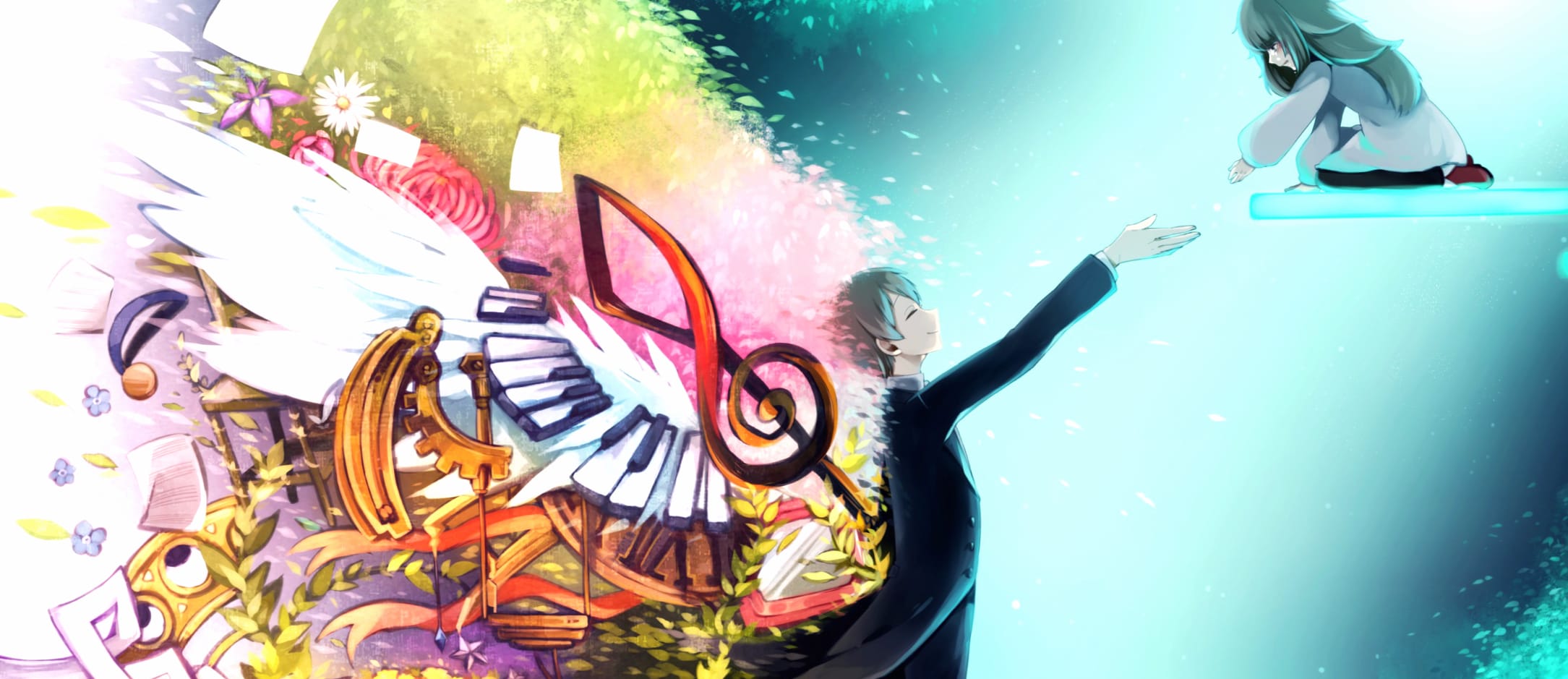 Alice (Deemo) Flower Smile Colorful Piano Green Hair Long Hair Video Game Deemo Wallpaper wallpapers HD quality