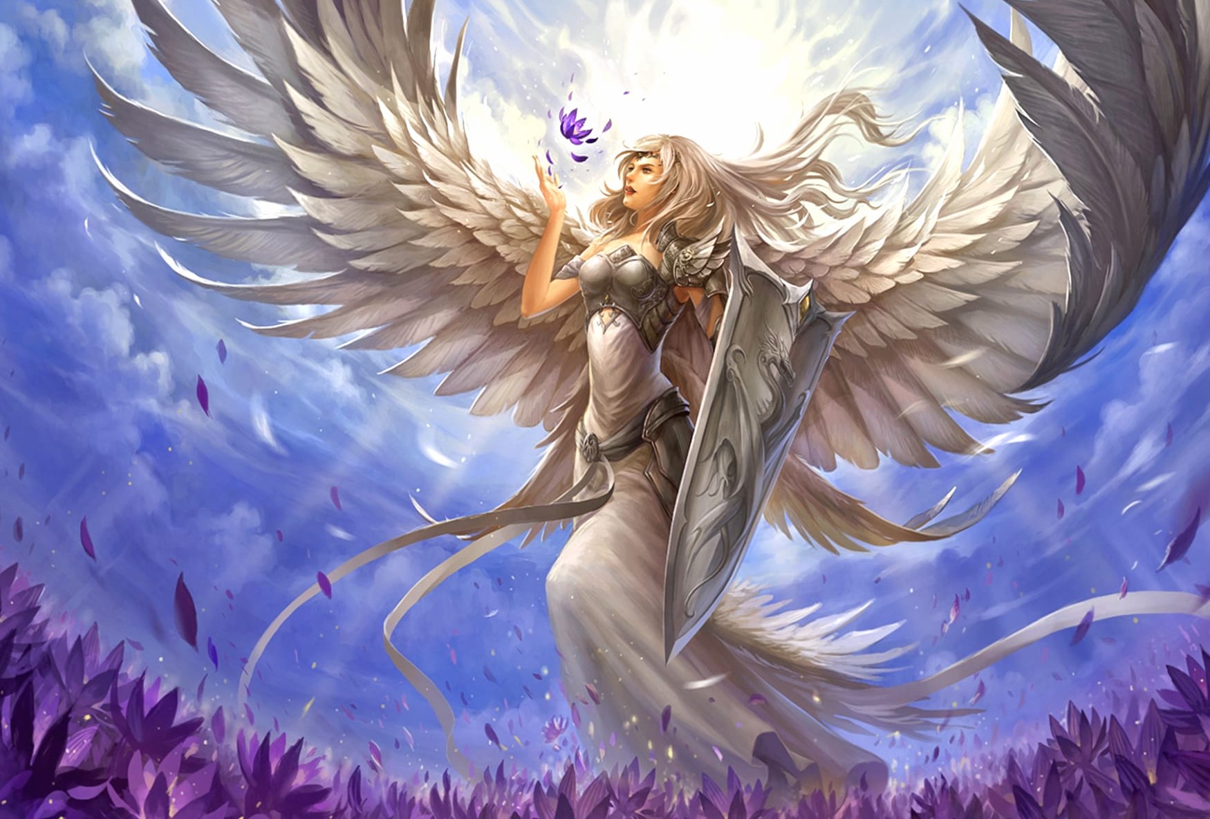 Angel Warrior with Purple Flower at 2048 x 2048 iPad size wallpapers HD quality