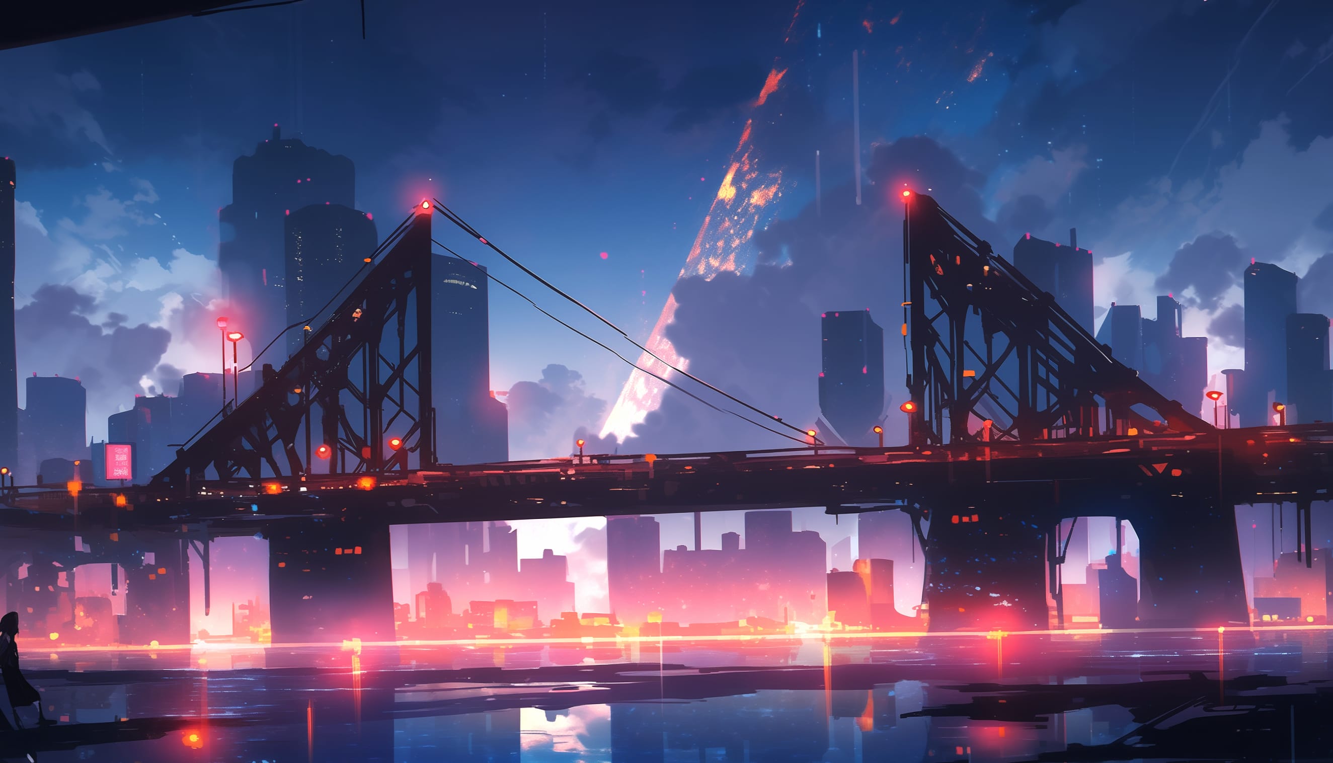 Anime Cityscape Bridge at 1024 x 1024 iPad size wallpapers HD quality