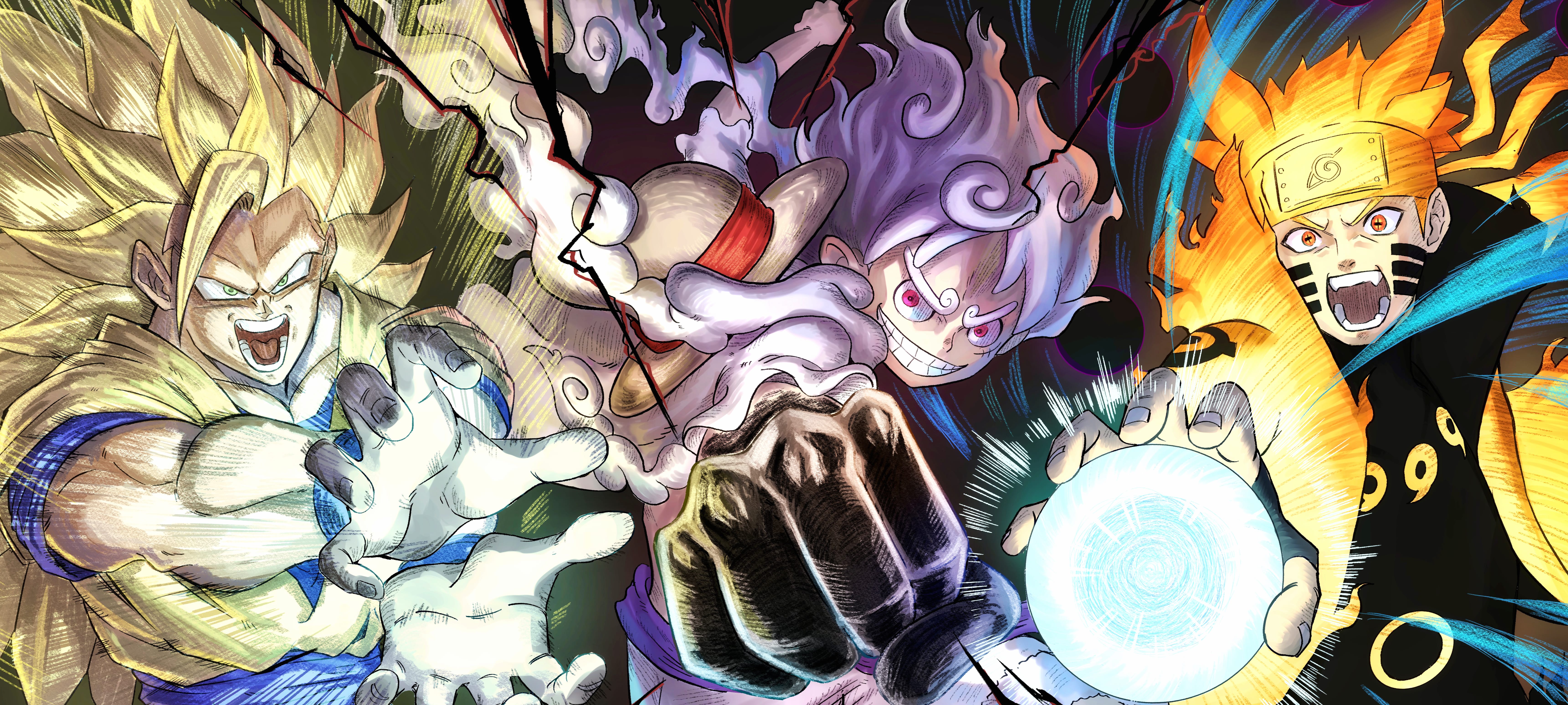 Anime Crossover Goku Monkey D. Luffy Naruto Uzumaki at 320 x 480 iPhone size wallpapers HD quality