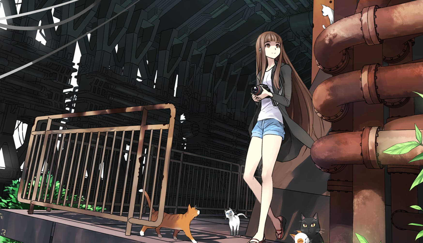 Anime Girl and Cats in Ruins at 1920 x 1080 HD size wallpapers HD quality