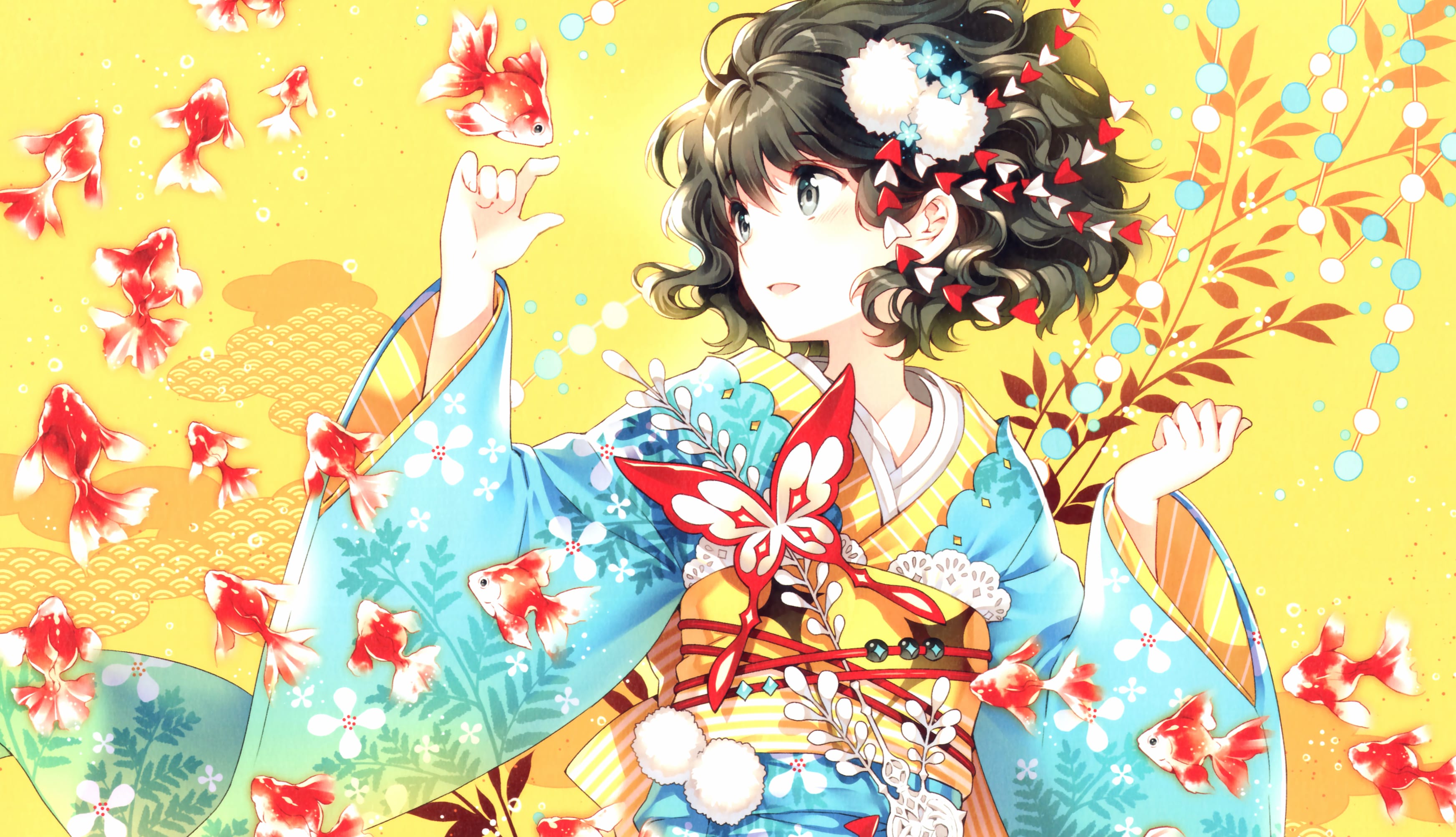 Anime Girl in Kimono with Fish - at 2048 x 2048 iPad size wallpapers HD quality