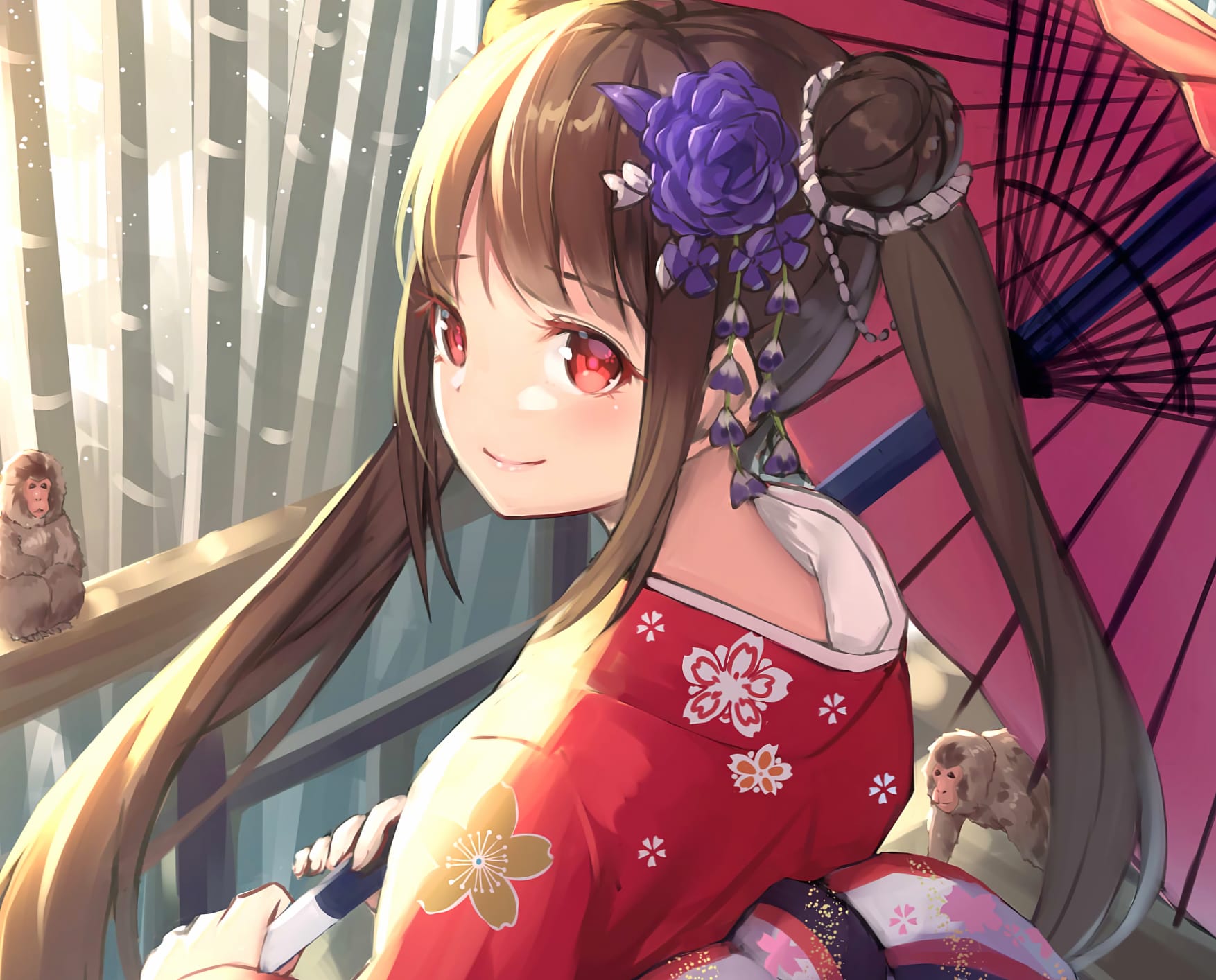 Anime Girl in Kimono with Monkeys - wallpapers HD quality