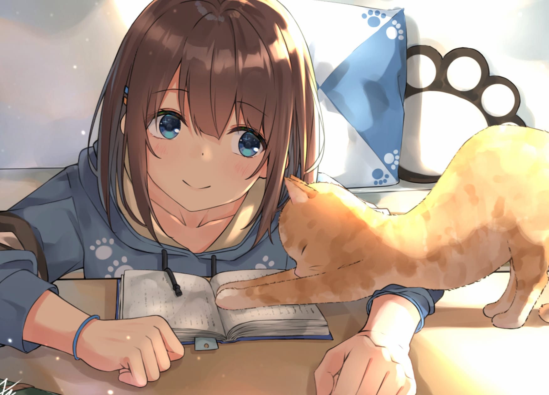 Anime Girl Reading with Cat - wallpapers HD quality