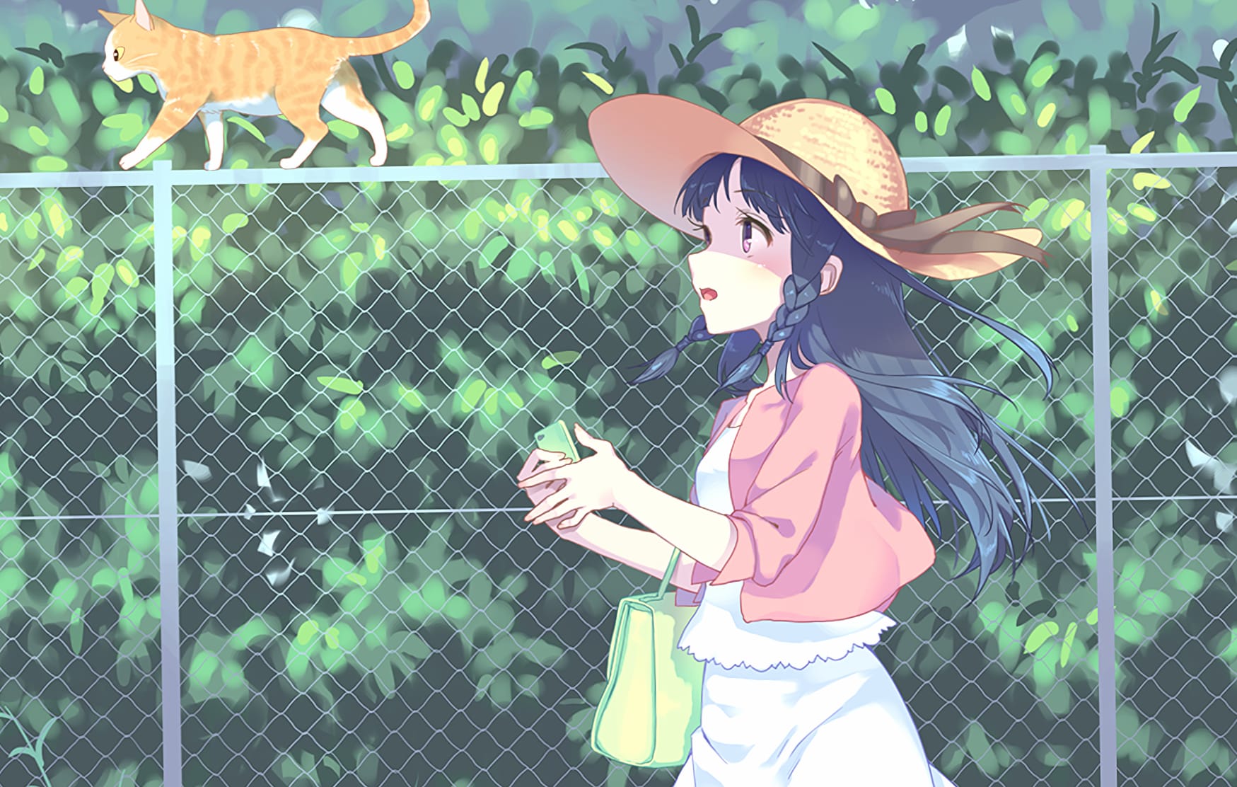 Anime Girl with Braid and Cat - at 1152 x 864 size wallpapers HD quality