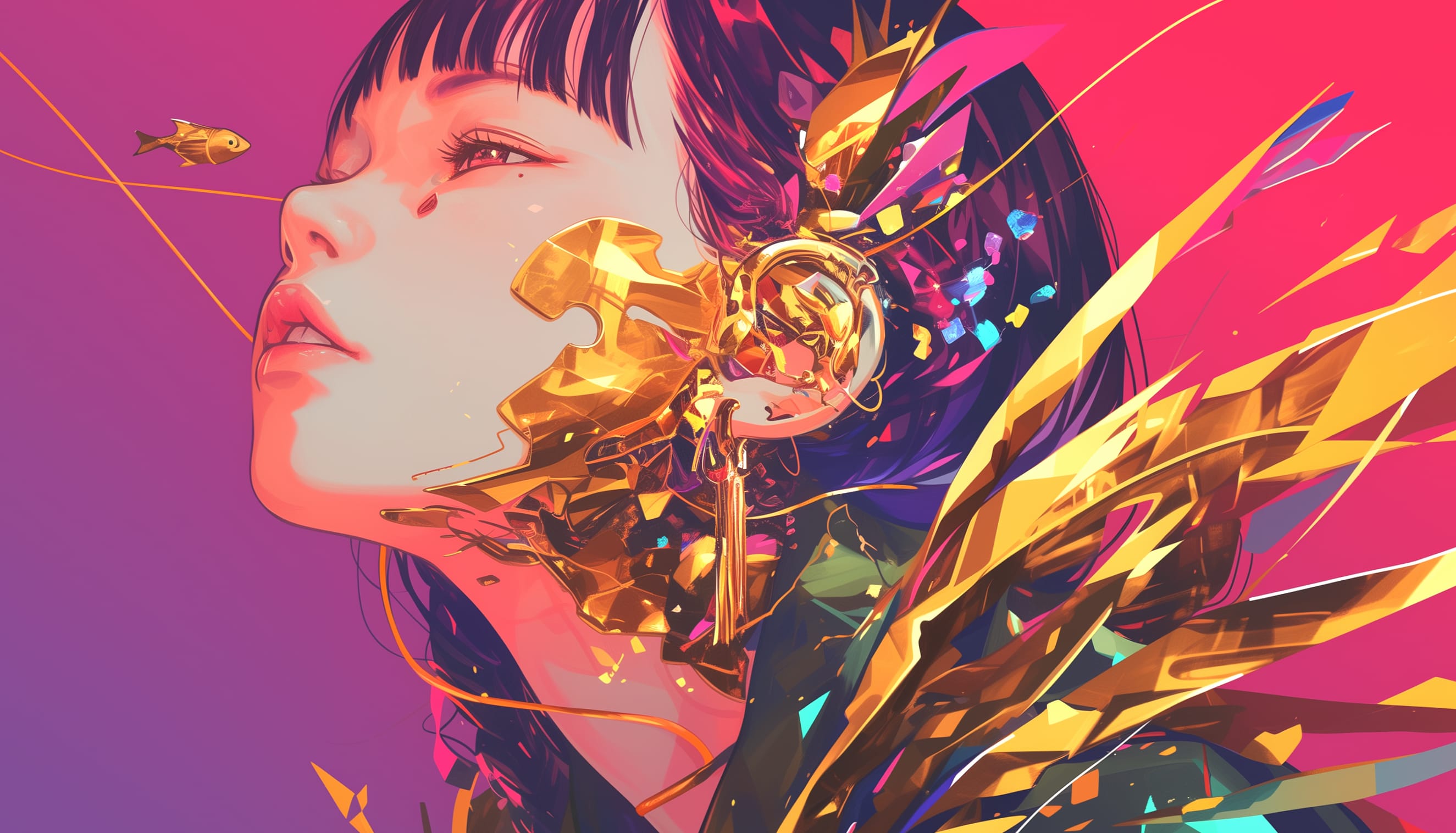 Anime Girl with Golden Wings Vaporwave at 1152 x 864 size wallpapers HD quality