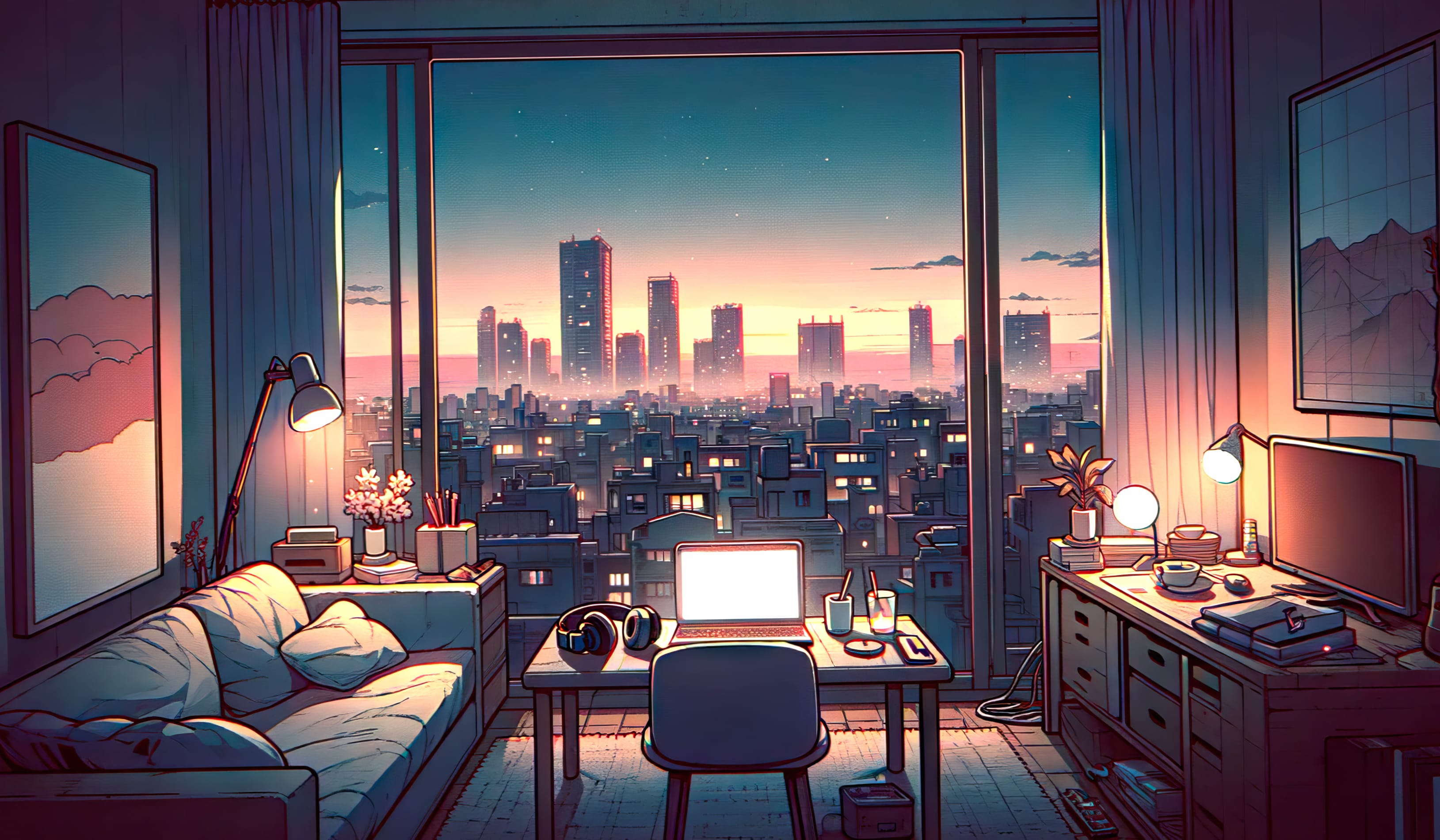 Anime Lofi Room with Cityscape View wallpapers HD quality