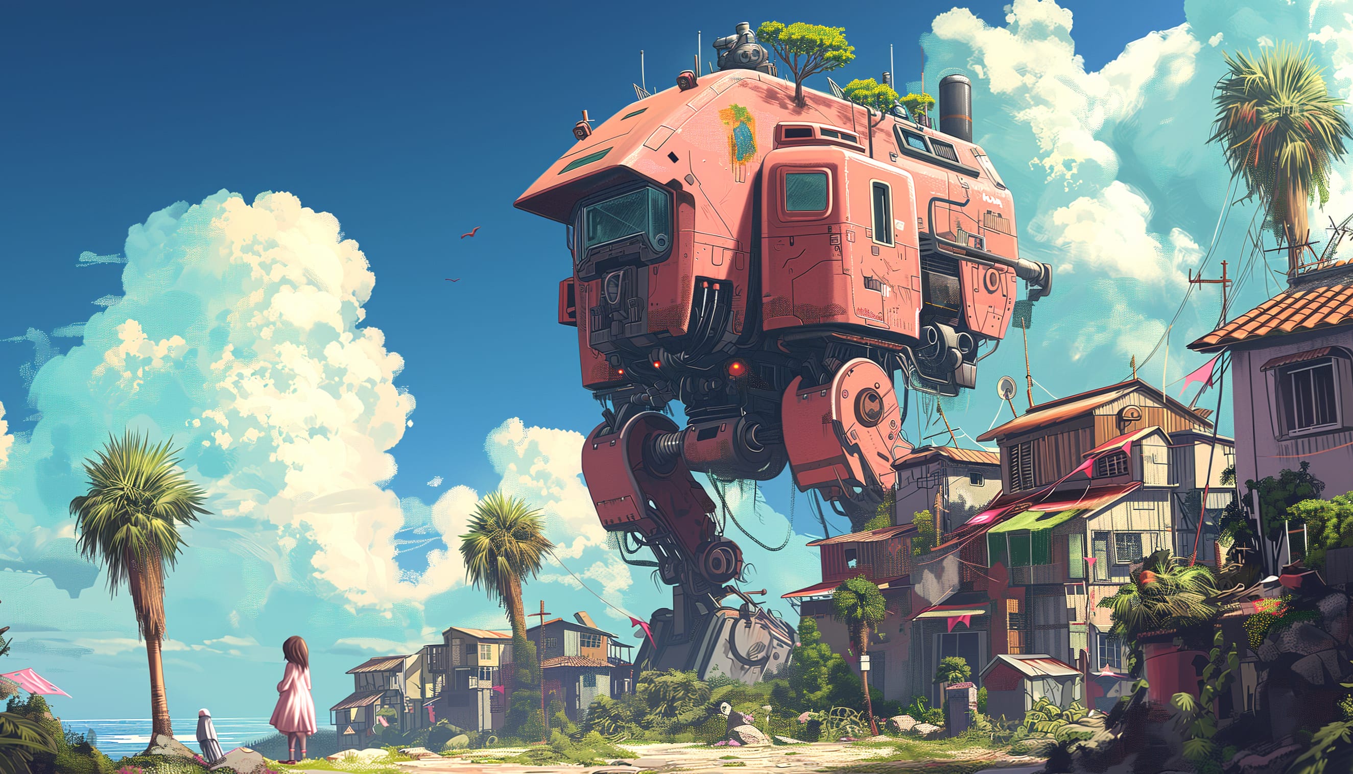 Anime Mecha in Scenic Town wallpapers HD quality