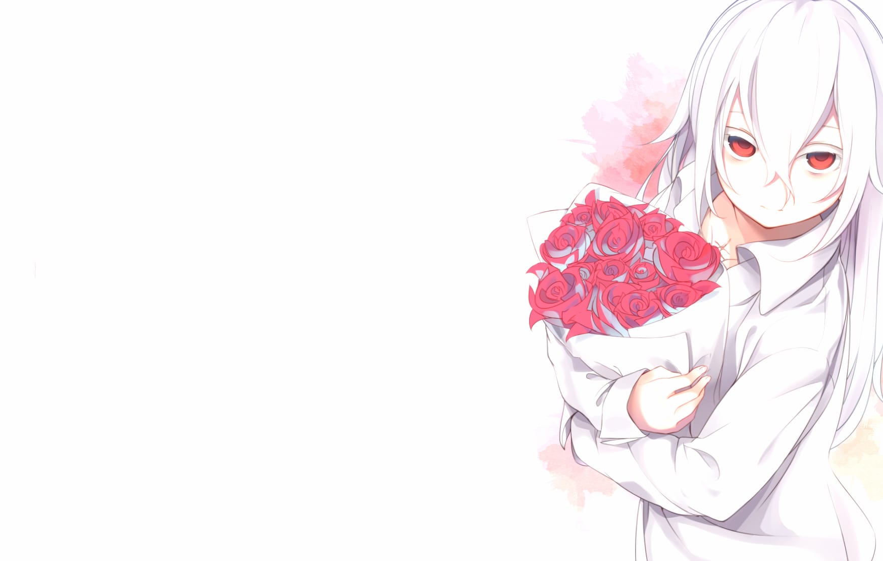 Anime Original White-Haired Beauty with Flowers at 2048 x 2048 iPad size wallpapers HD quality