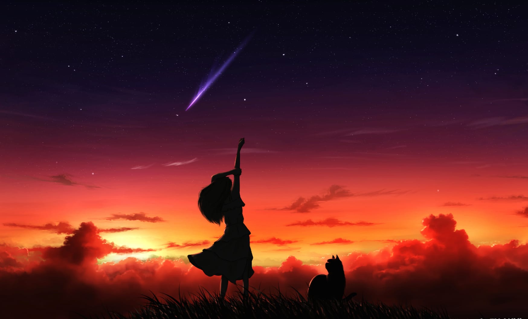 Anime Sunset Sky Shooting Star & Silhouette wallpapers HD quality