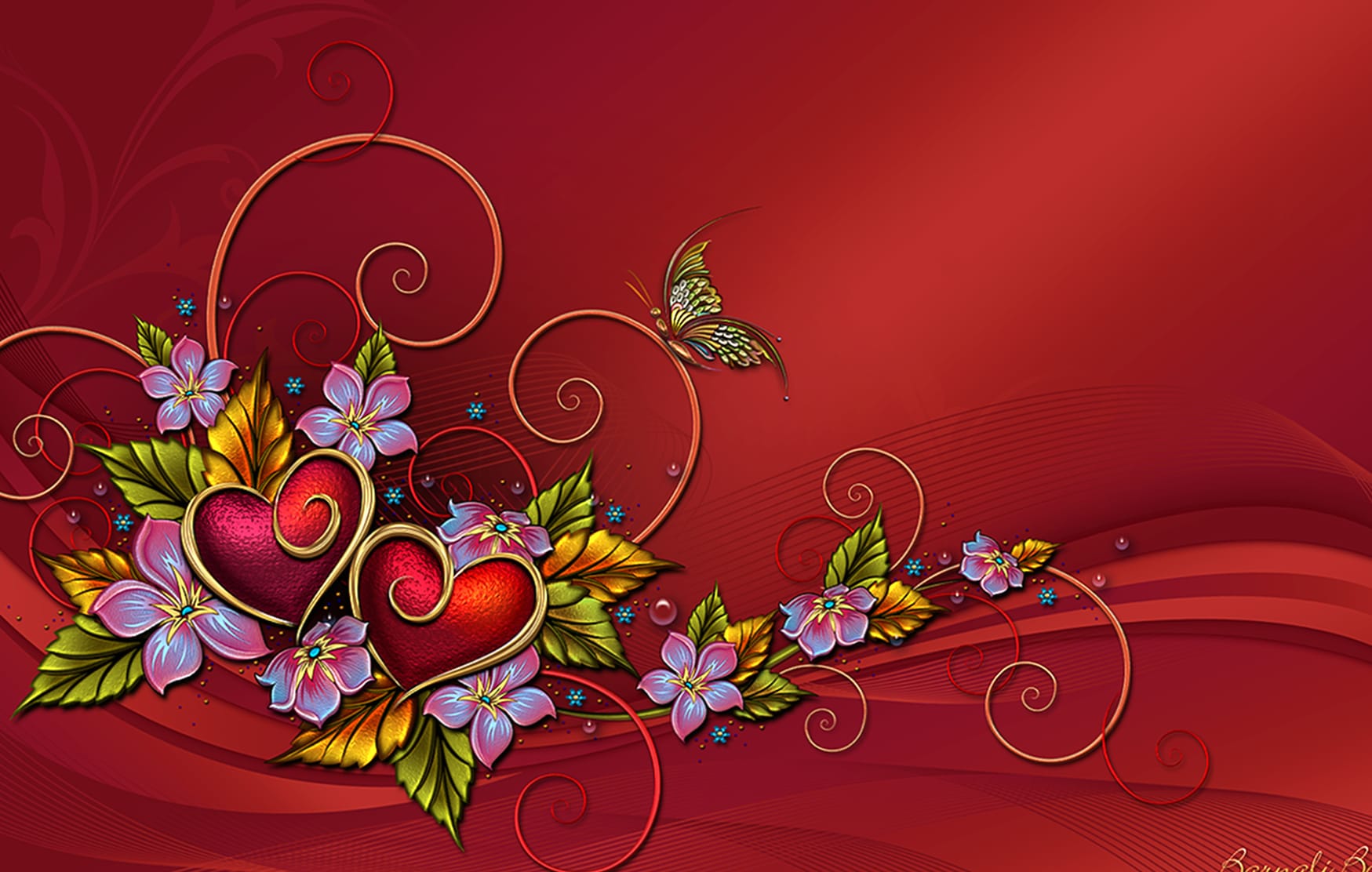 Artistic Red Butterfly and Heart Flower at 2048 x 2048 iPad size wallpapers HD quality