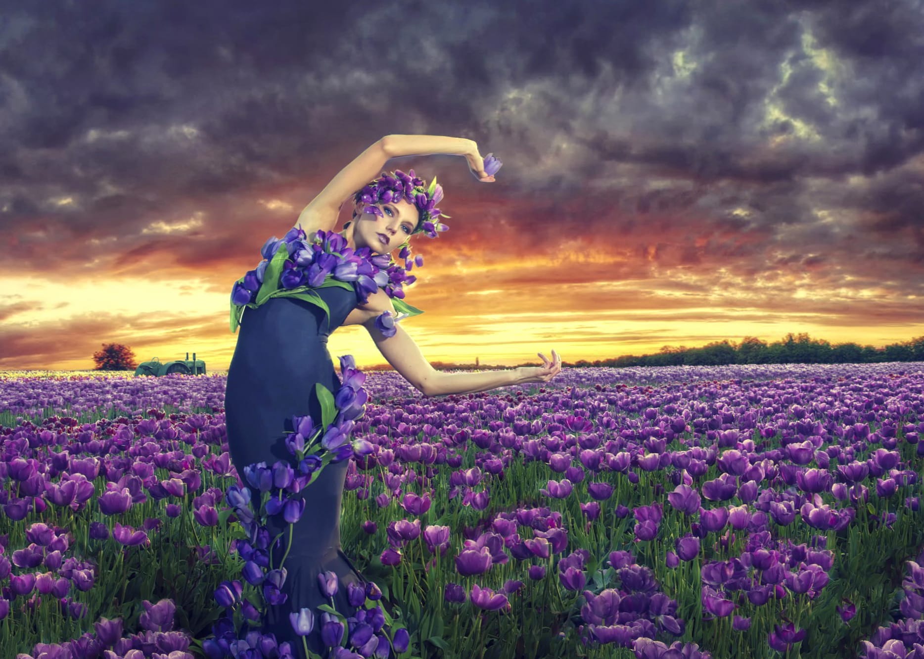 Artistic Sunrise with Tulips and Model - wallpapers HD quality