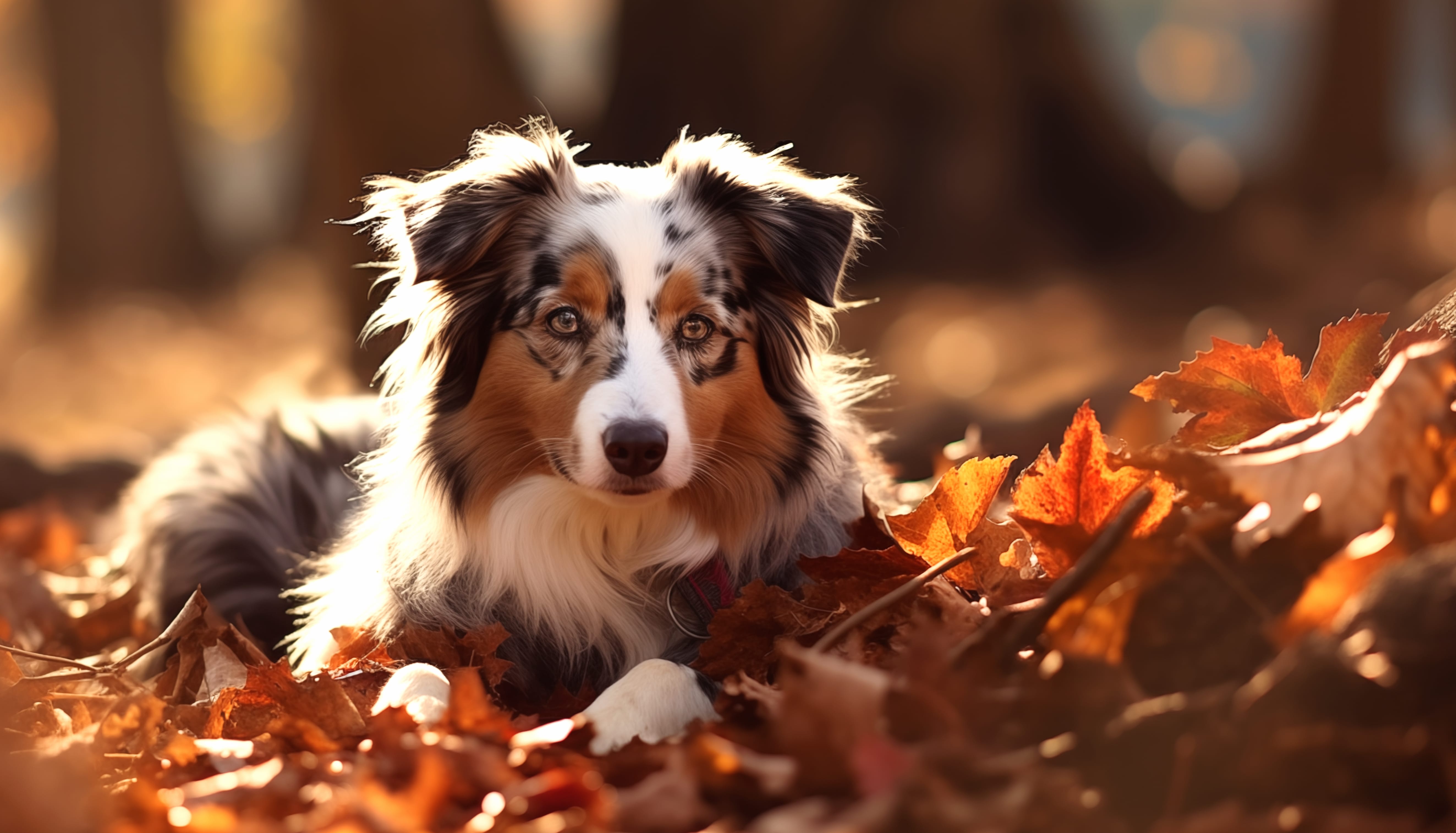 Australian Shepherd in Autumn Leaves wallpapers HD quality