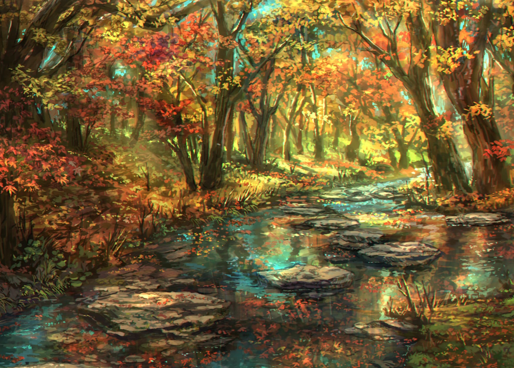 Autumn Forest River Nature Anime at 1600 x 1200 size wallpapers HD quality