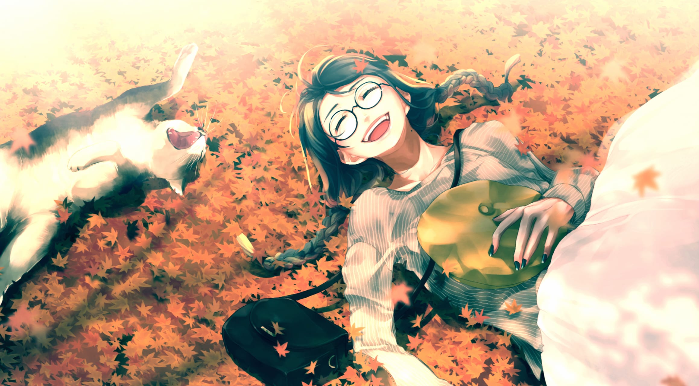 Autumn Sunlight Anime Girl and Cat at 1280 x 720 HD size wallpapers HD quality