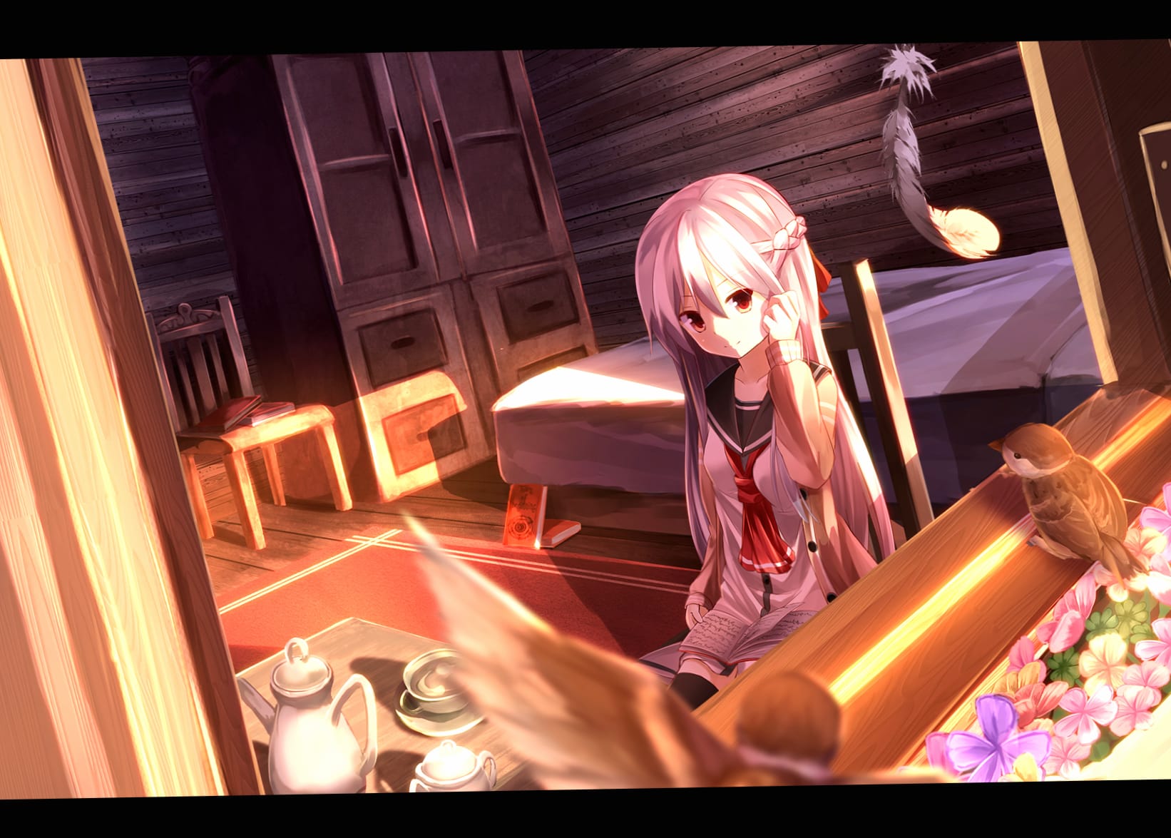 Bed Chair School Uniform Bow (Clothing) Smile Flower Tea Tea Cup Bird Sparrow Red Eyes White Hair Long Hair Book Anime Original Wallpaper wallpapers HD quality