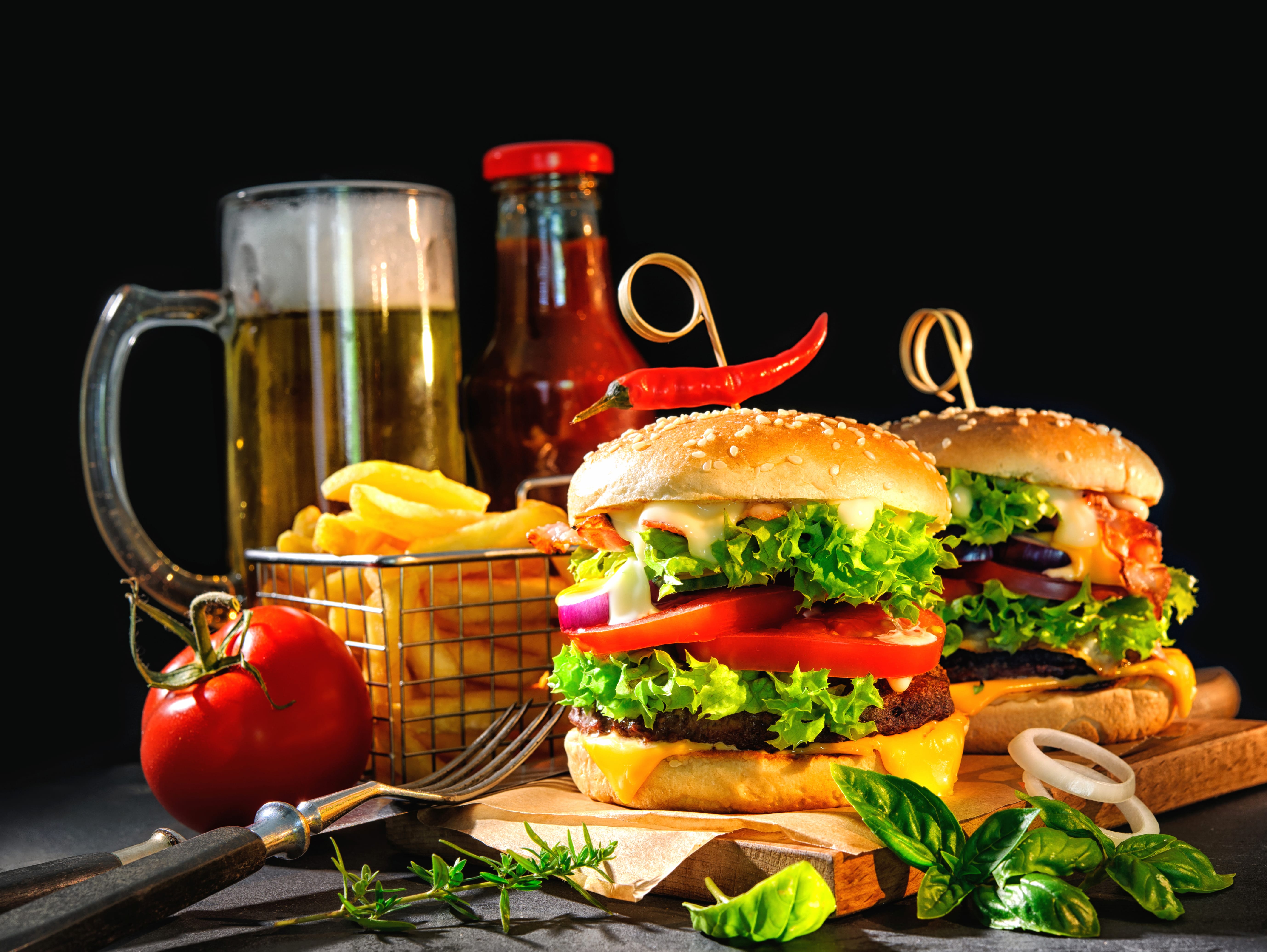 Beer French Fries Tomato Still Life Food Burger wallpapers HD quality