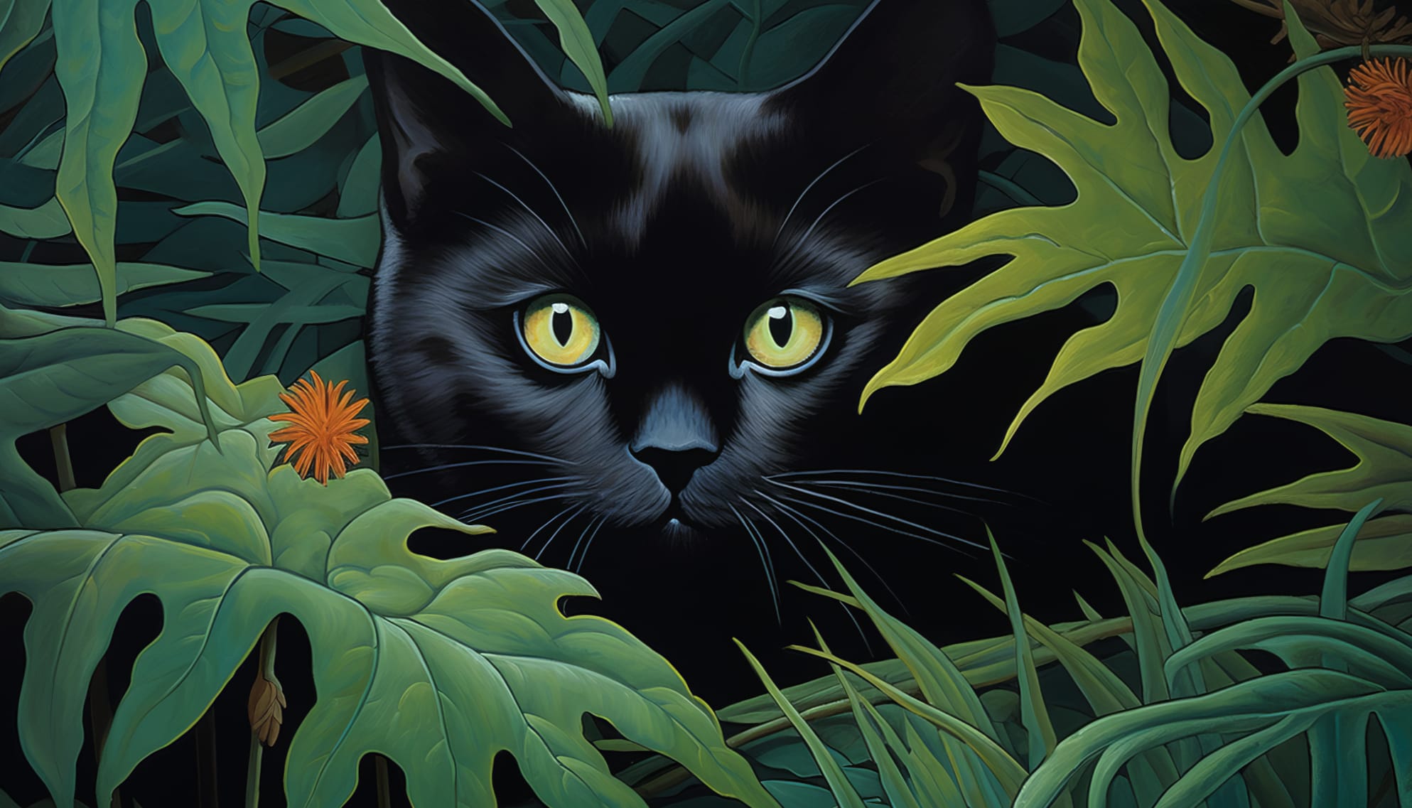 Black Cat in Jungle Foliage at 2048 x 2048 iPad size wallpapers HD quality