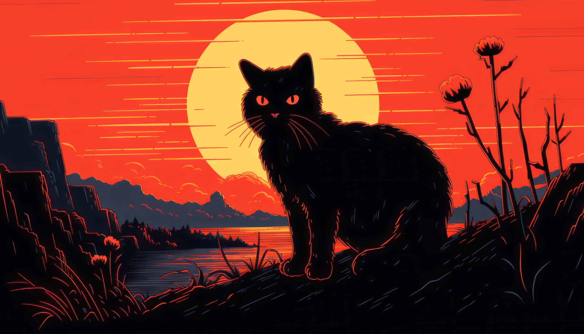 Black Cat Sunset Silhouette at 640 x 1136 iPhone 5 size wallpapers HD quality