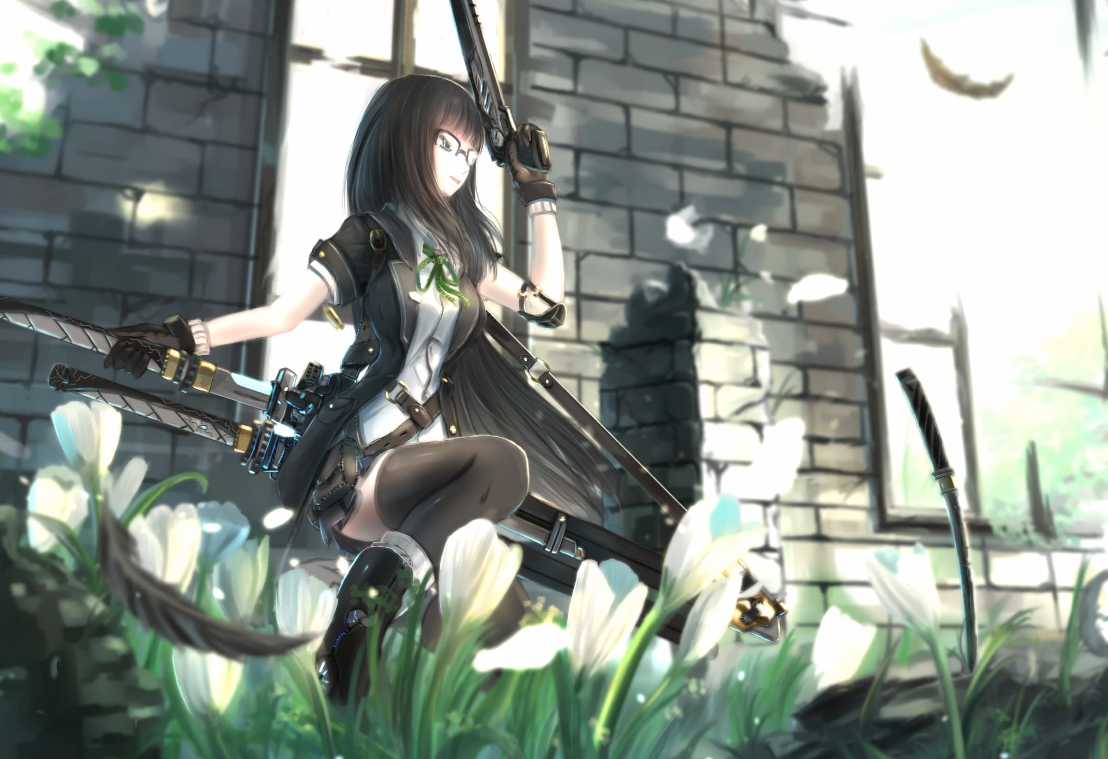 Black Hair Long Hair Weapon Katana Flower Anime Original at 1280 x 720 HD size wallpapers HD quality