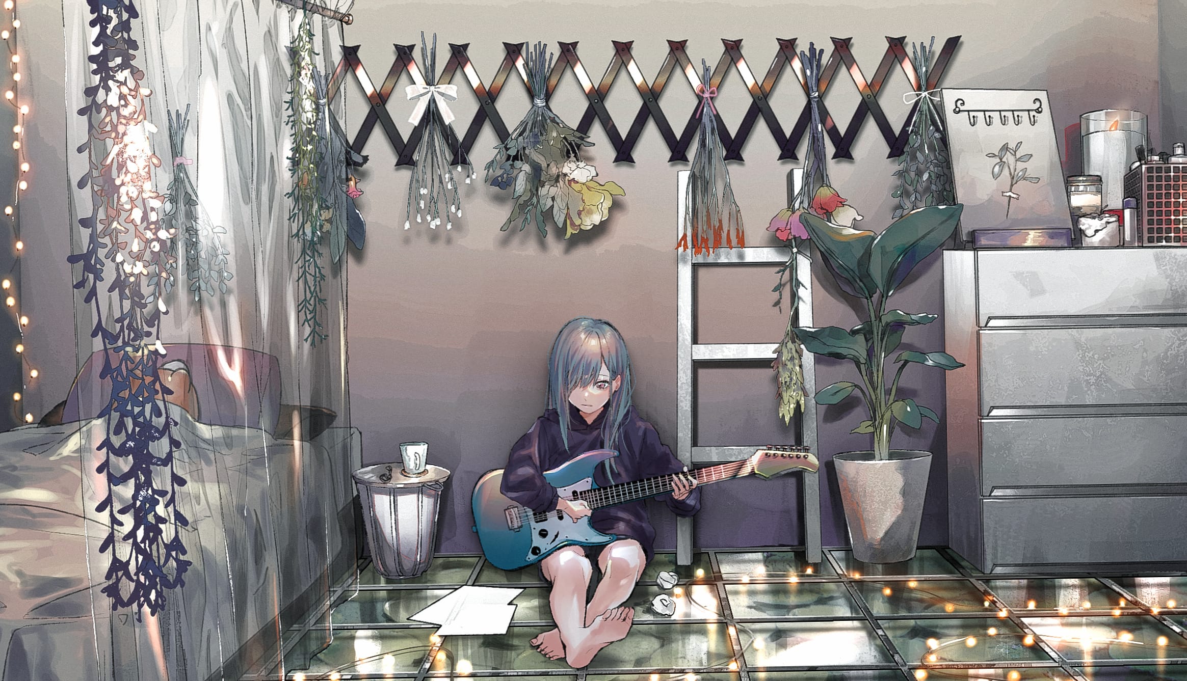 Blue-Haired Guitarist in Cozy Bedroom - wallpapers HD quality