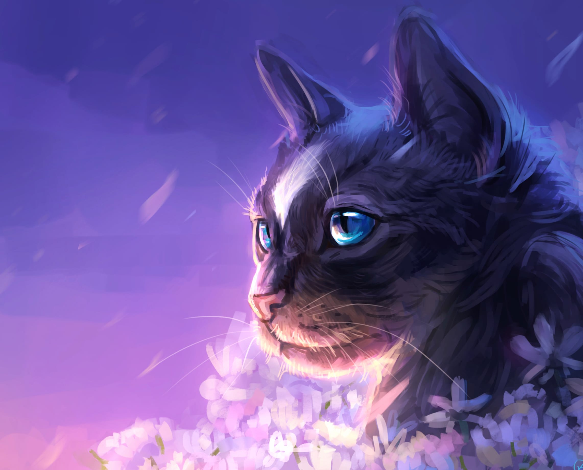 Blue Eyes Purple Flower Fantasy Cat at 1334 x 750 iPhone 7 size wallpapers HD quality