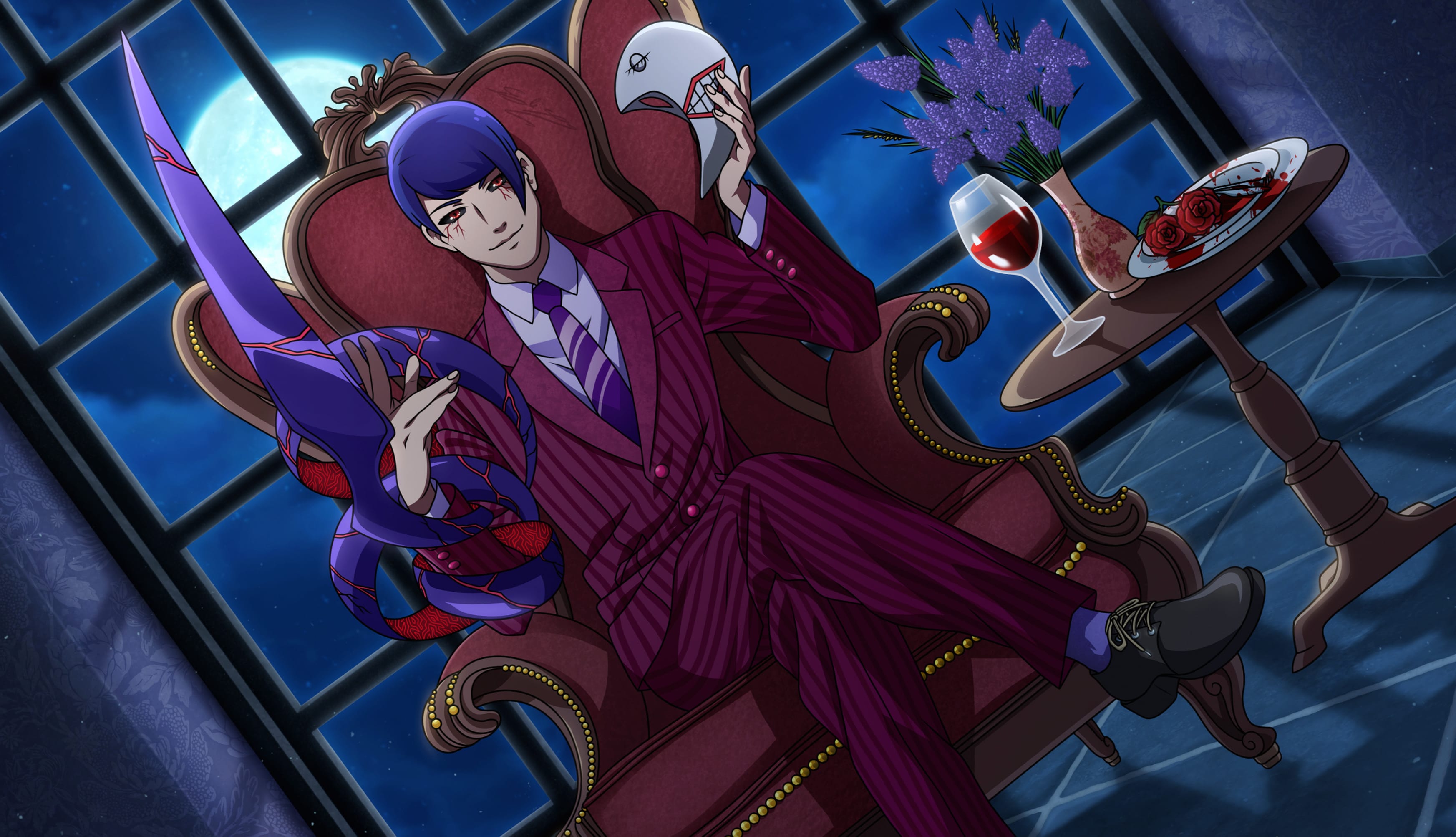 Blue Hair Window Night Mask Glass Flower Throne Tie Kagune (Tokyo Ghoul) Red Eyes Shū Tsukiyama Anime Tokyo Ghoul wallpapers HD quality