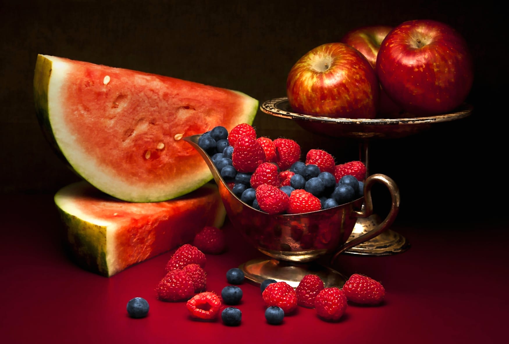 Blueberry Raspberry Watermelon Apple Still Life Food Fruit at 640 x 960 iPhone 4 size wallpapers HD quality