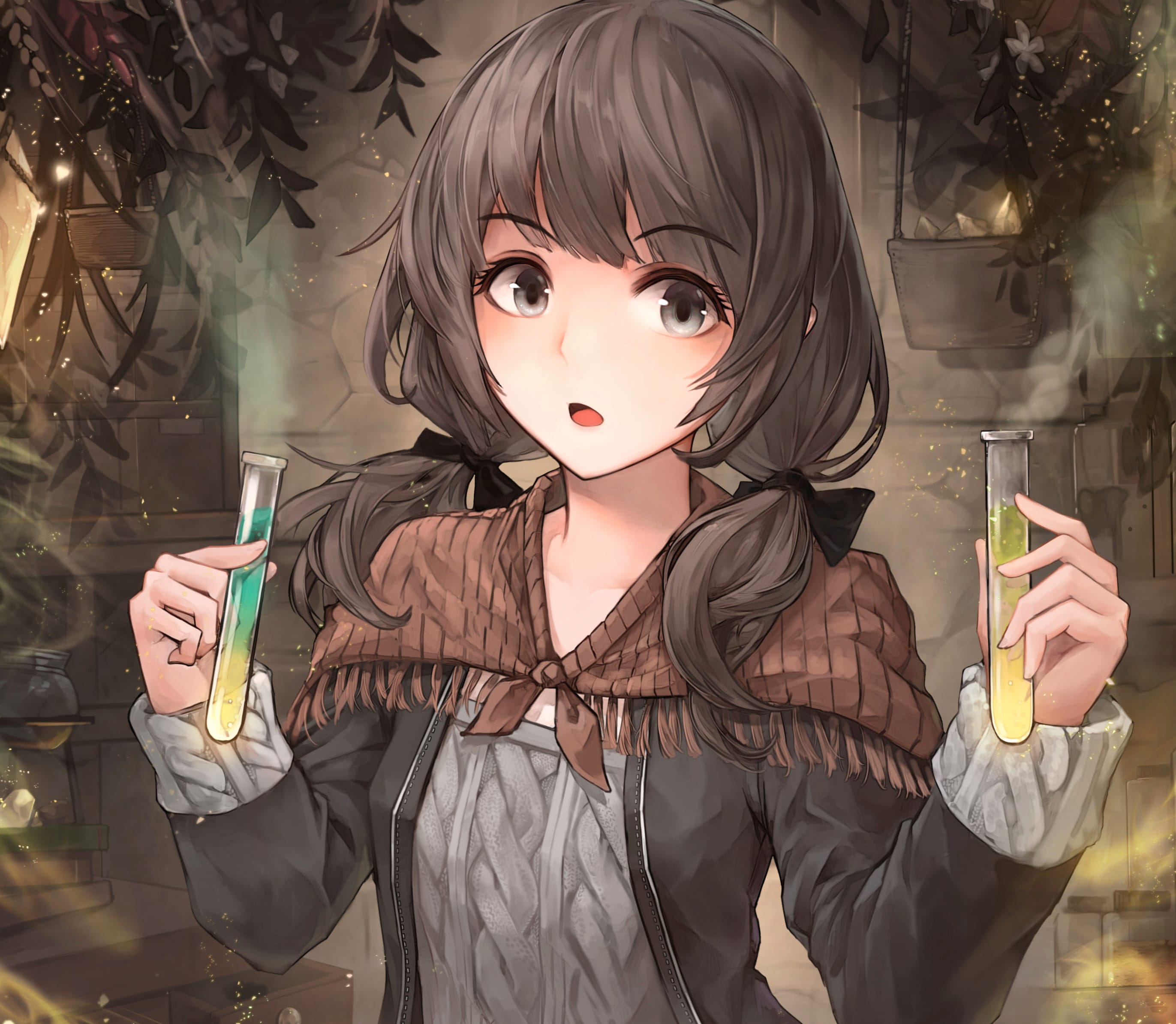 Bow (Clothing) Flower Grey Eyes Chemical Long Hair Twintails Brown Hair Anime Original wallpapers HD quality