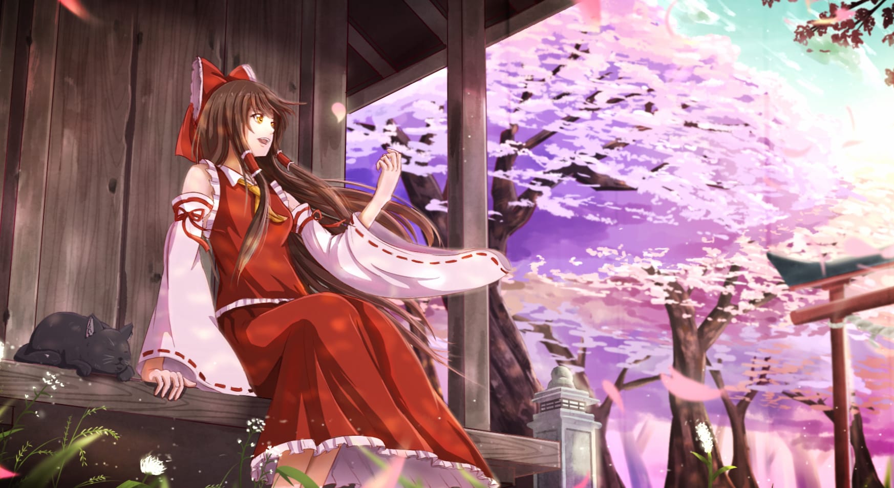Brown Eyes Smile Cat Japanese Clothes Cherry Blossom Tree Brown Hair Long Hair Reimu Hakurei Anime Touhou Wallpaper wallpapers HD Brown Eyes Smile Cat Japanese Clothes Cherry Blossom Tree Brown Hair Long Hair Reimu Hakurei Anime Touhou Wallpaper wallpapers HD quality