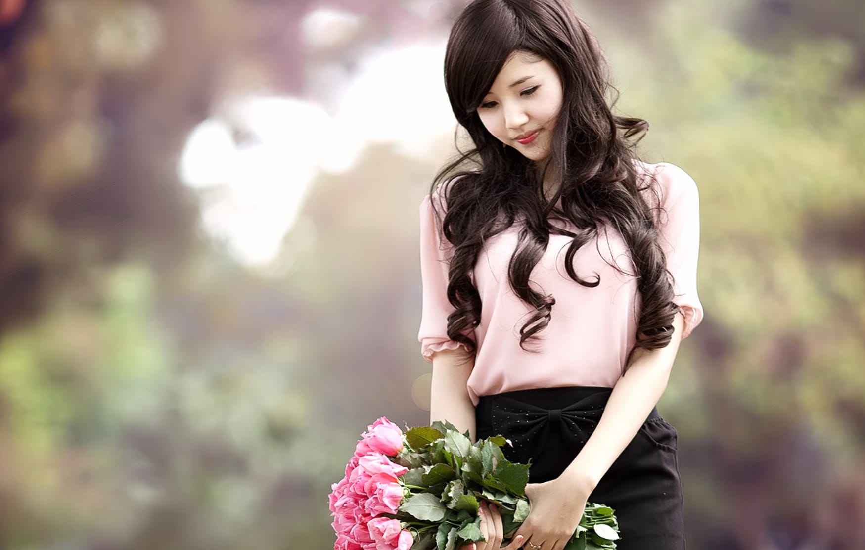 Brunette Beauty with Flowers - at 1024 x 1024 iPad size wallpapers HD quality