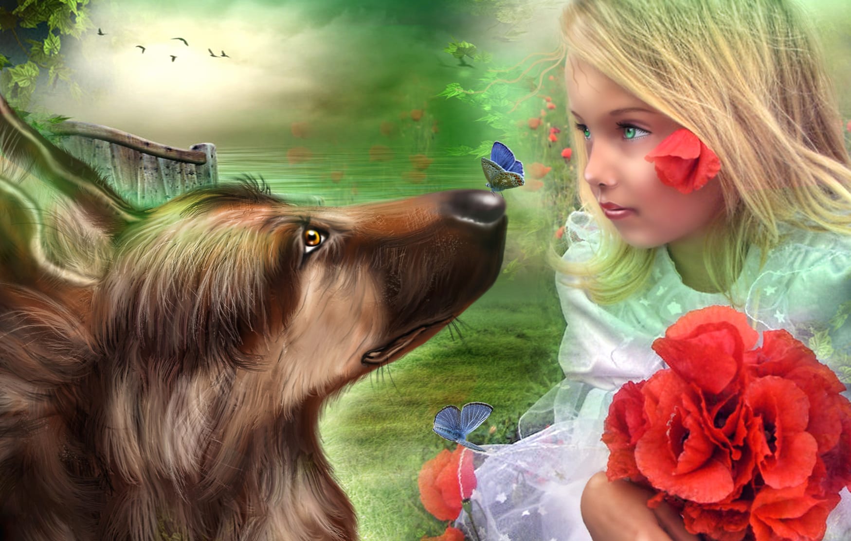 Butterfly Dog Flower Little Girl Spring Fantasy Child wallpapers HD quality