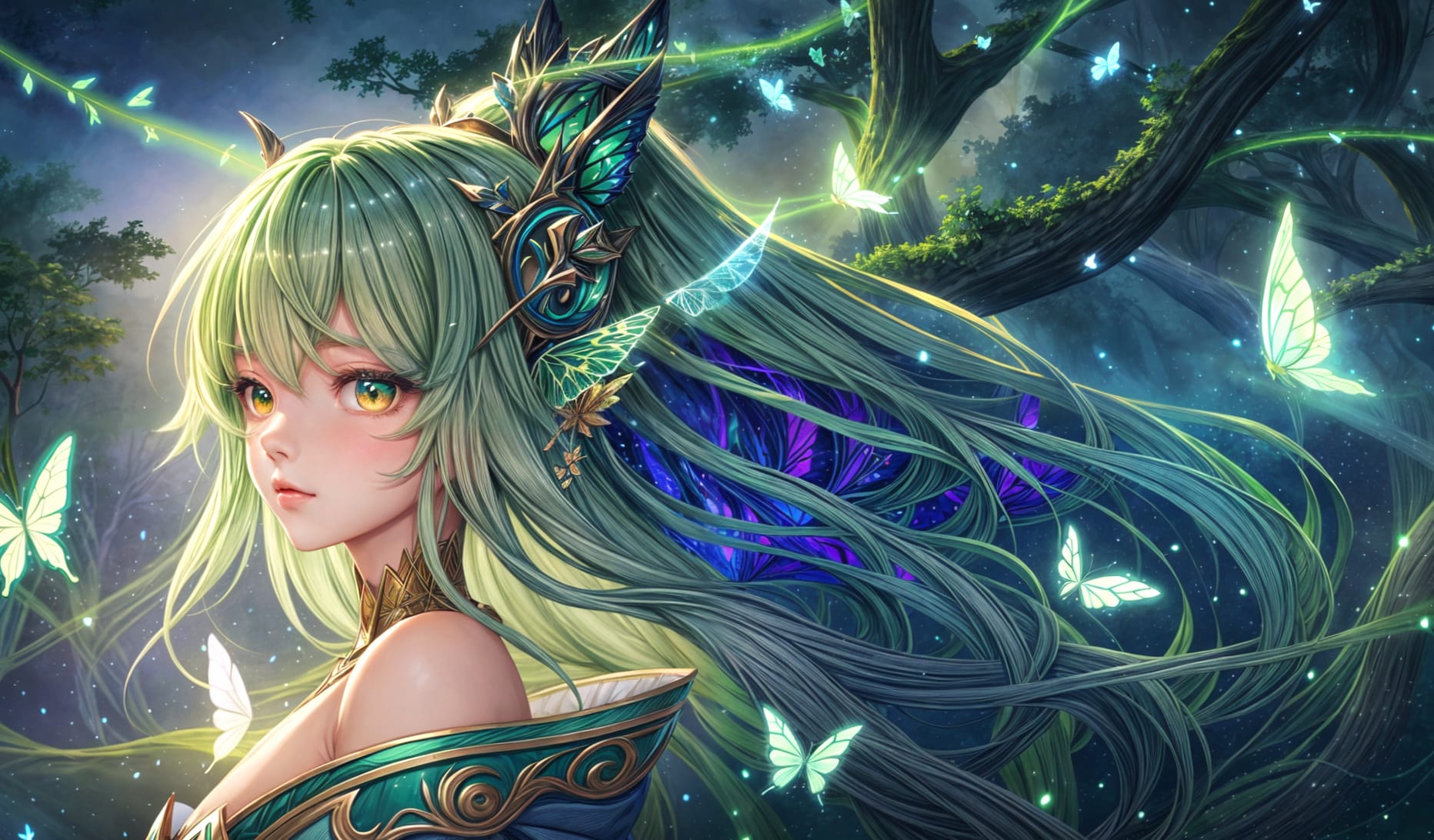 Butterfly Girl Anime Forest Green Hair Butterfly wallpapers HD quality