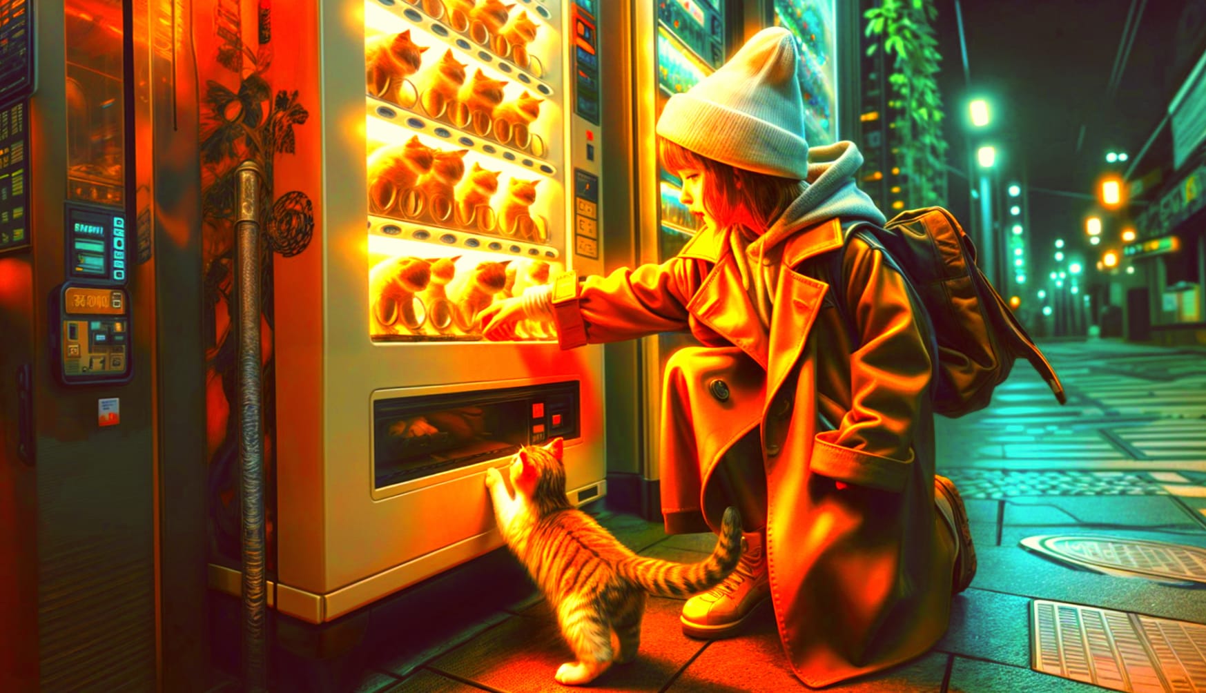 Cat Cyberpunk Vending Machine Child at 1024 x 768 size wallpapers HD quality