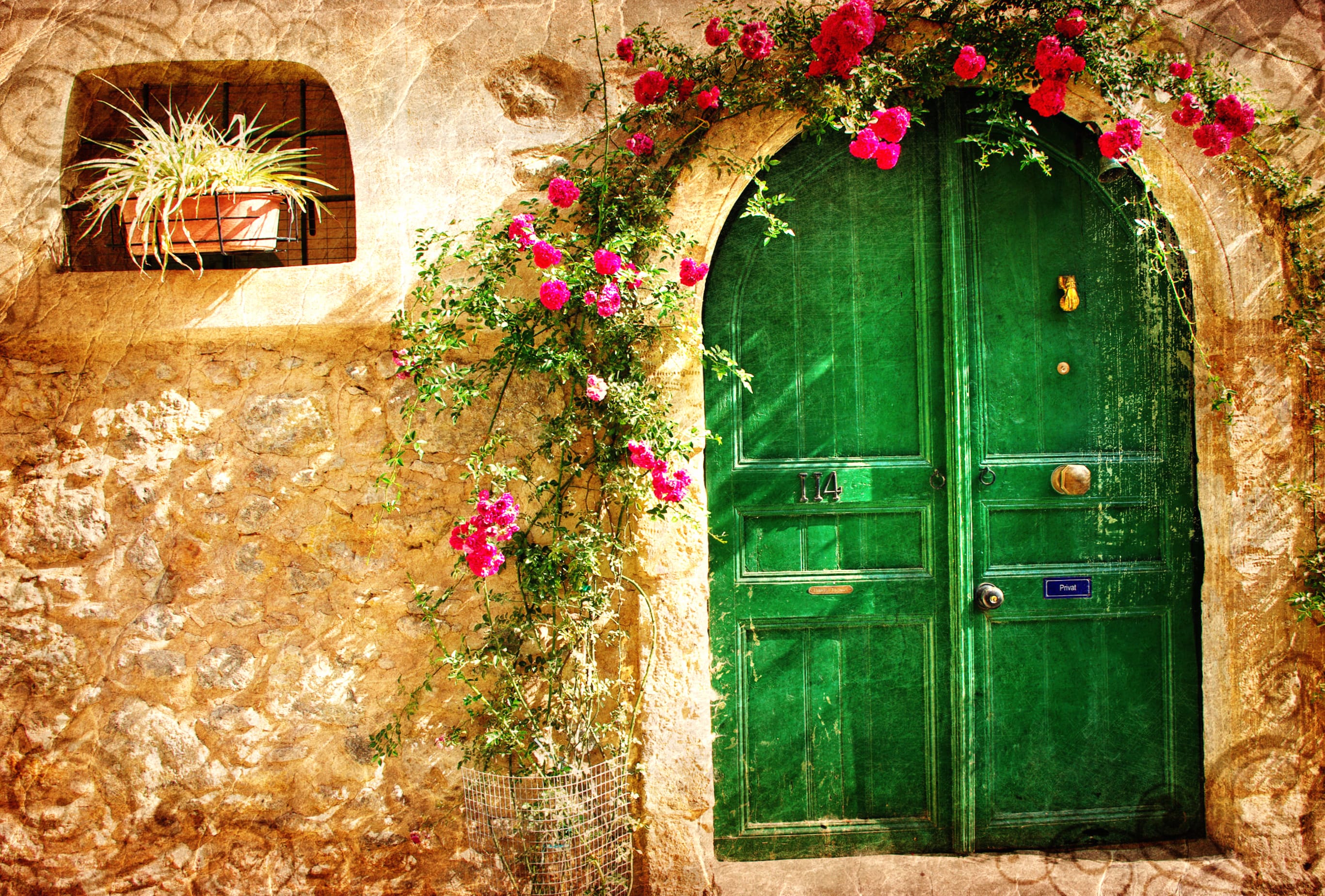 Charming Facade with Pink Flowers wallpapers HD quality