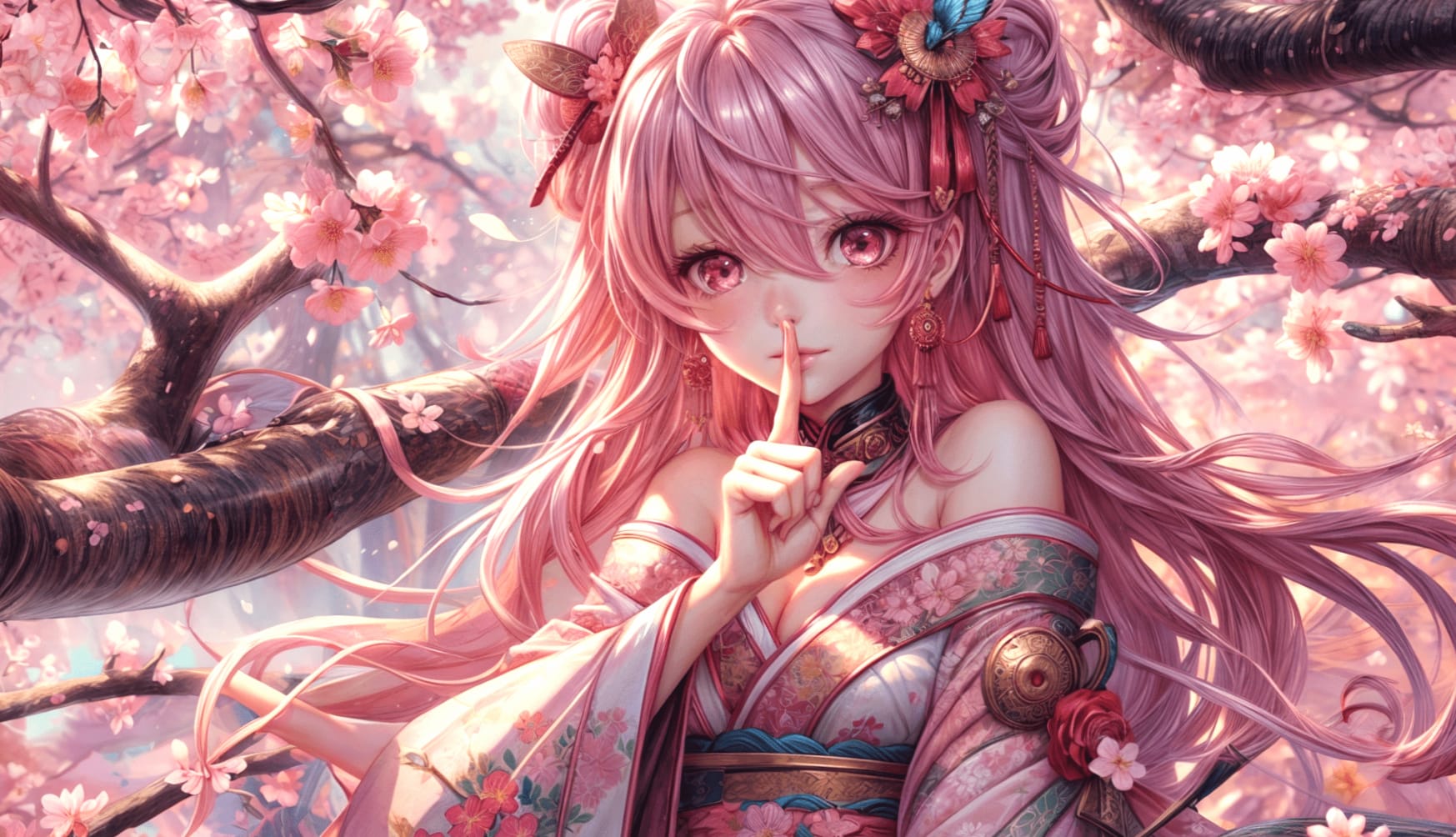 Cherry Blossom Pink Hair Kimono Anime Anime Girl at 1920 x 1080 HD size wallpapers HD quality