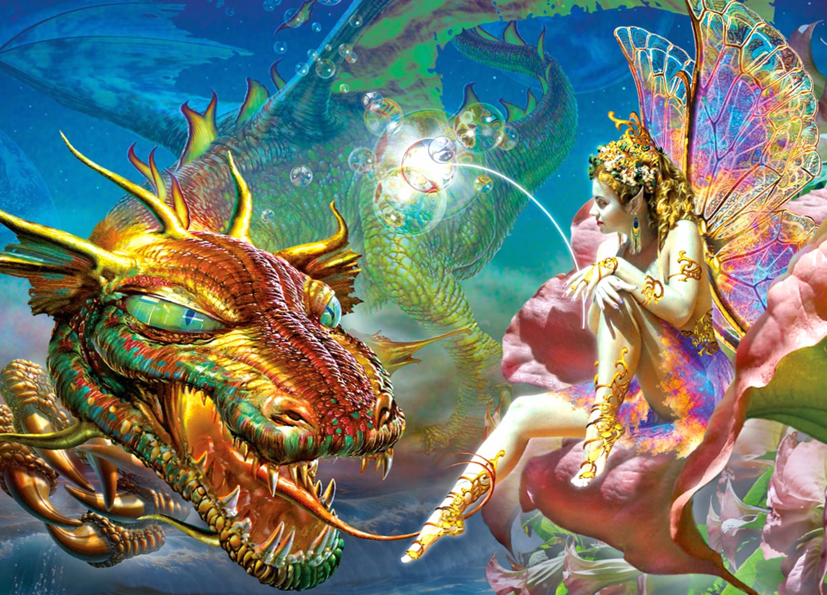 Colorful Fantasy Gold Dragon & Fairy wallpapers HD quality